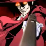 Alucard trong Hellsing Ultimate với ánh mắt sắc lạnh và nụ cười nham hiểm, thể hiện sức mạnh ma cà rồng tối thượng