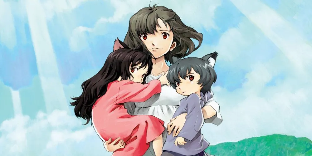 Ame và Yuki, hai đứa trẻ người sói, đứng cạnh nhau trong Wolf Children