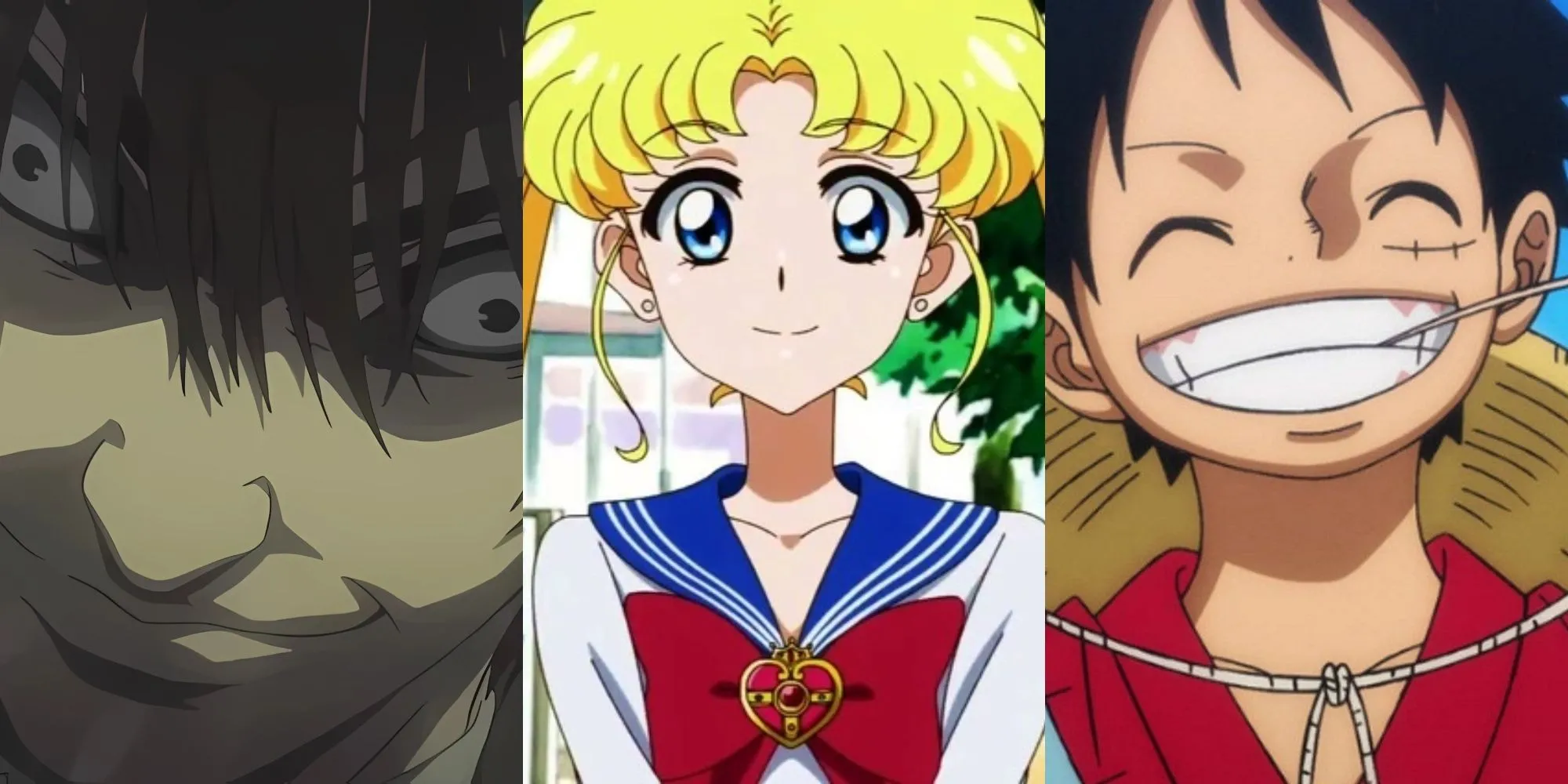 Ảnh minh họa các nhân vật anime biểu tượng: Light Yagami (Death Note), Usagi Tsukino (Sailor Moon) và Monkey D. Luffy (One Piece)