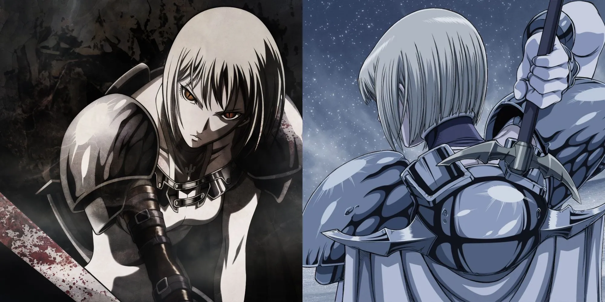 Ảnh poster anime Claymore, mô tả nhân vật chính Clare cầm đại kiếm khổng lồ
