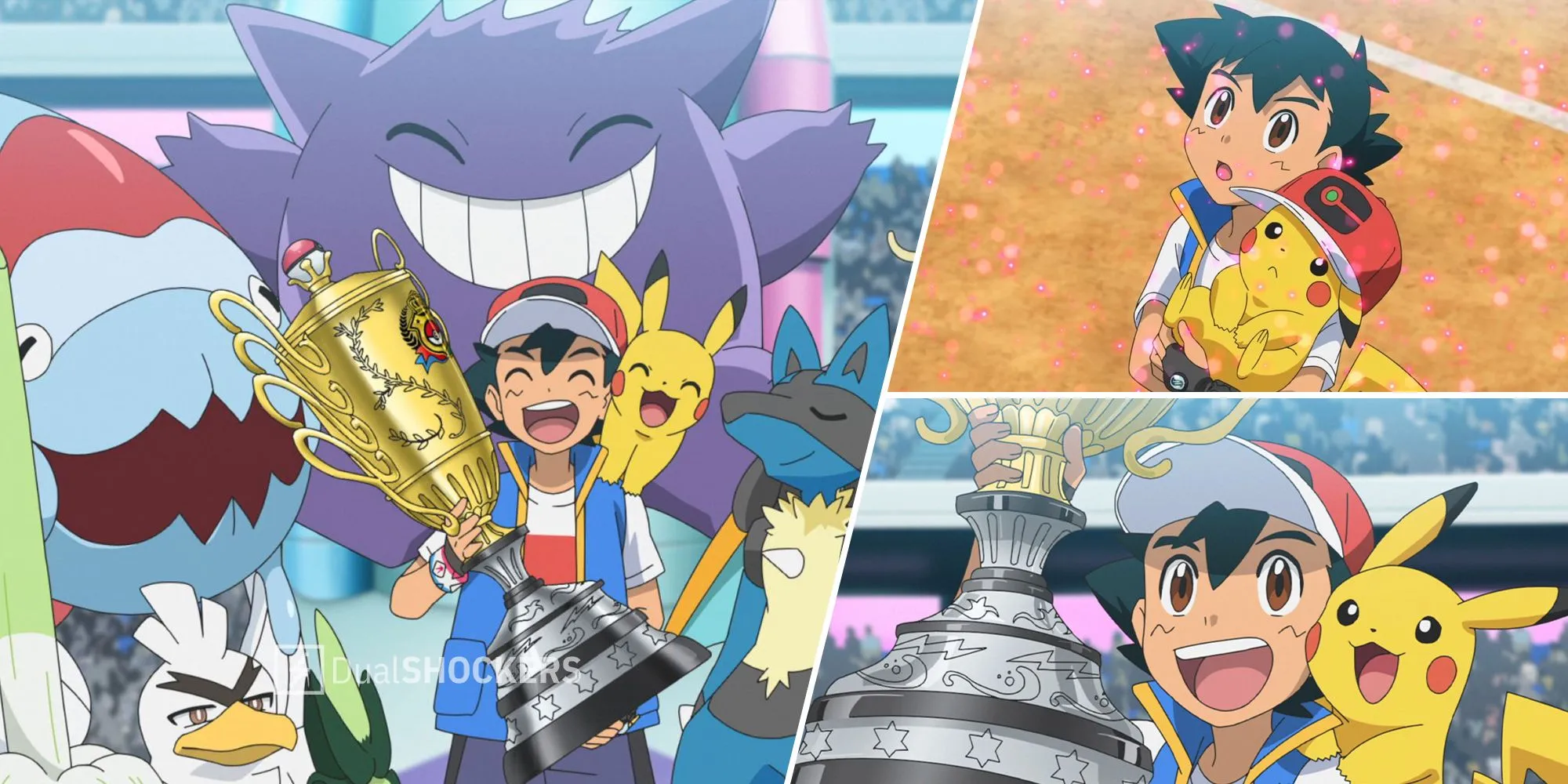 Ash Ketchum cùng Pikachu và các Pokémon của mình sau khi trở thành nhà vô địch thế giới Pokémon