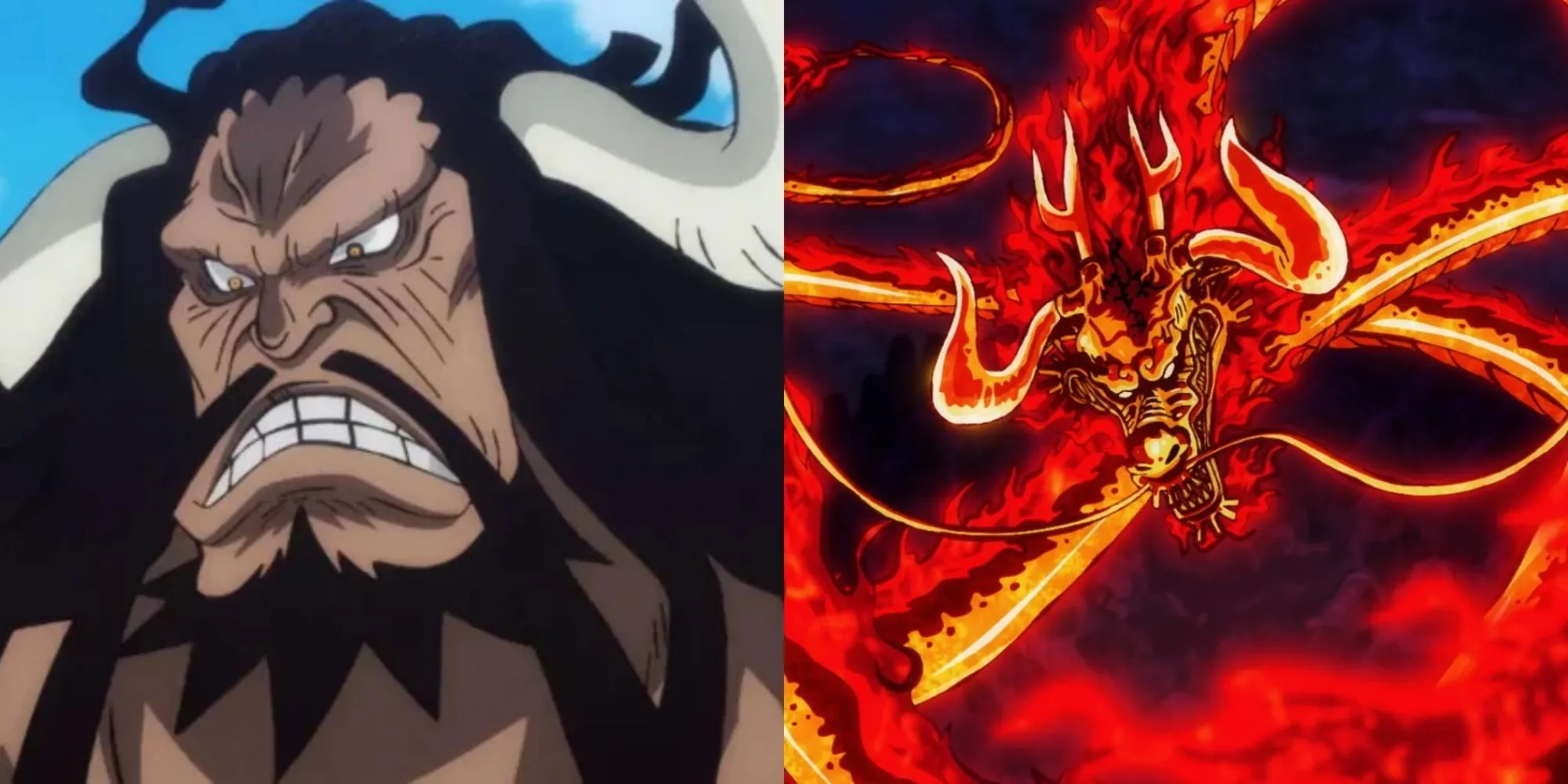 Bách Thú Kaido trong dạng Rồng Rực Lửa sử dụng đòn Kaen Hakke đối đầu với Luffy