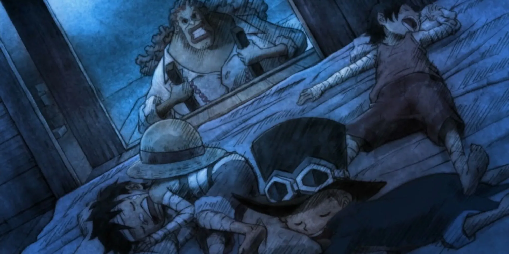 Dadan và ba anh em Ace, Sabo, Luffy thời thơ ấu ở làng Foosha trong One Piece