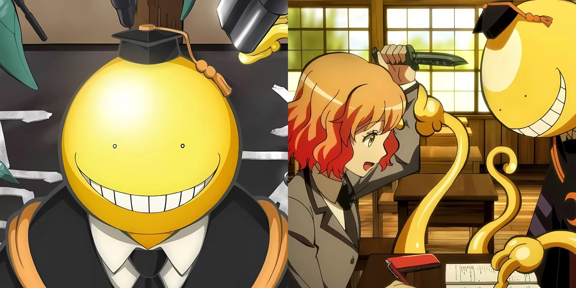 Giáo viên Koro-sensei với nụ cười đặc trưng, đứng cùng các học sinh lớp 3-E trong Assassination Classroom.