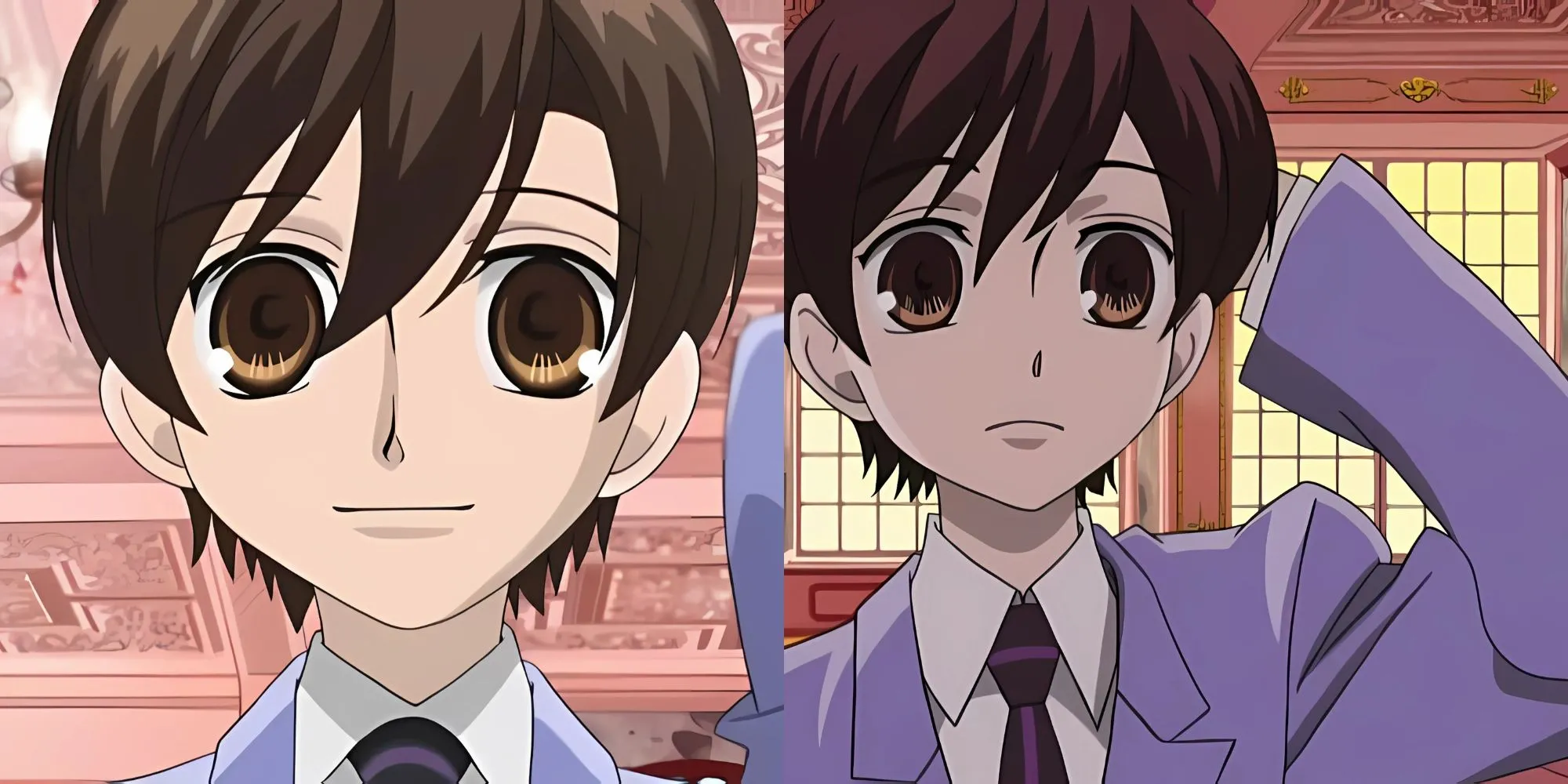 Haruhi Fujioka trong bộ đồng phục nam, nét mặt bối rối đặc trưng