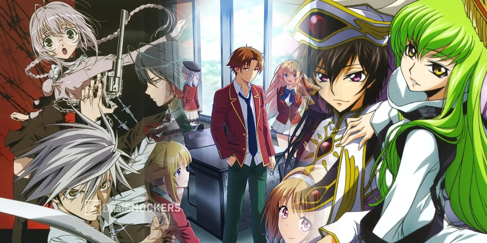 Hình ảnh chia đôi giữa các anime Zombie Loan, Code Geass, và Classroom Of The Elite