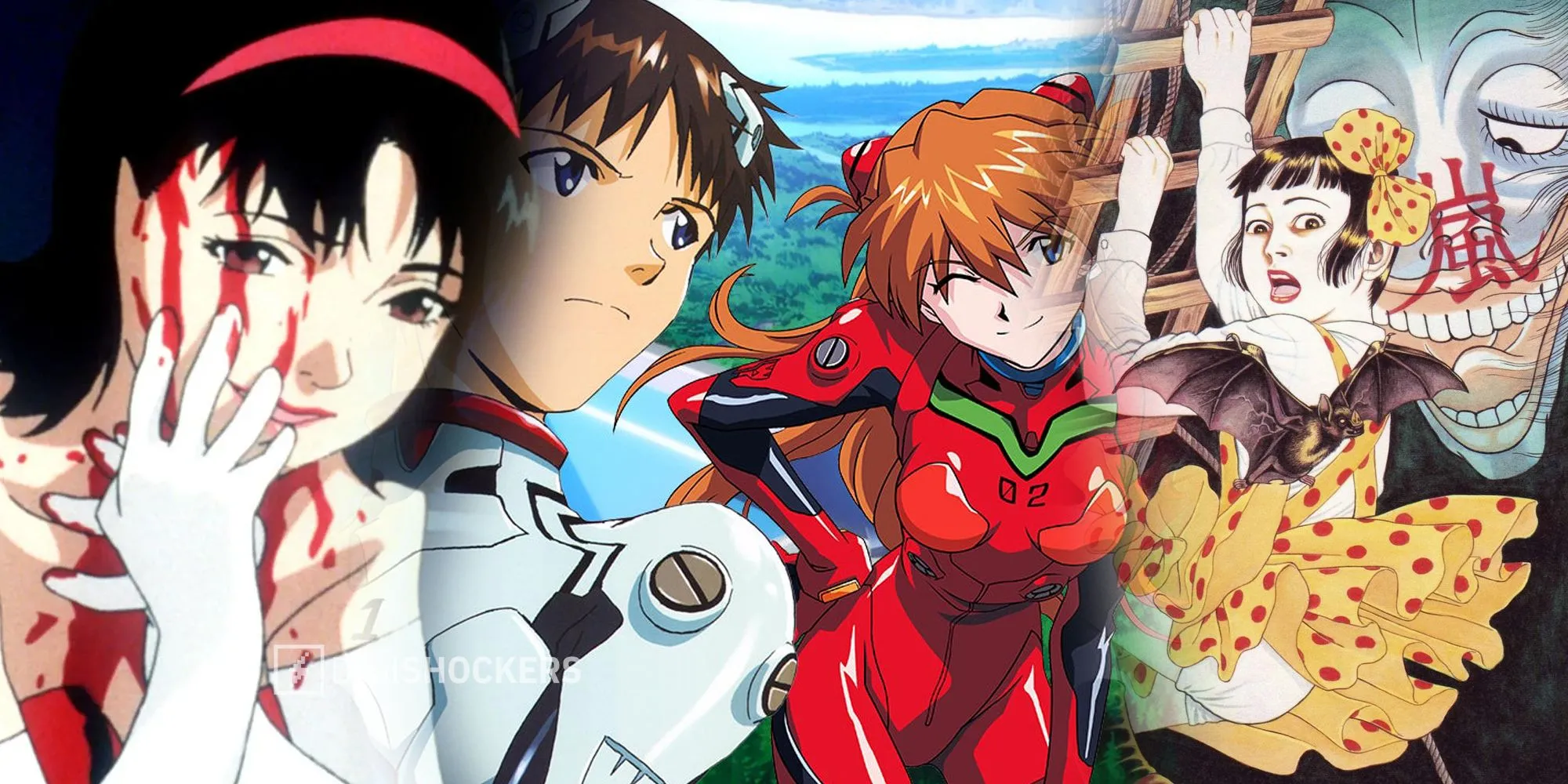 Hình ảnh đại diện cho các anime kinh dị tâm lý nổi tiếng khác như Perfect Blue và Neon Genesis Evangelion.