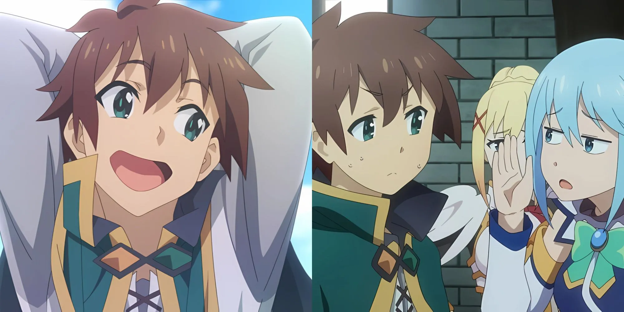 Hình ảnh dàn nhân vật chính KonoSuba (Kazuma, Aqua, Megumin, Darkness) thể hiện sự hỗn loạn và hài hước của series anime isekai này.