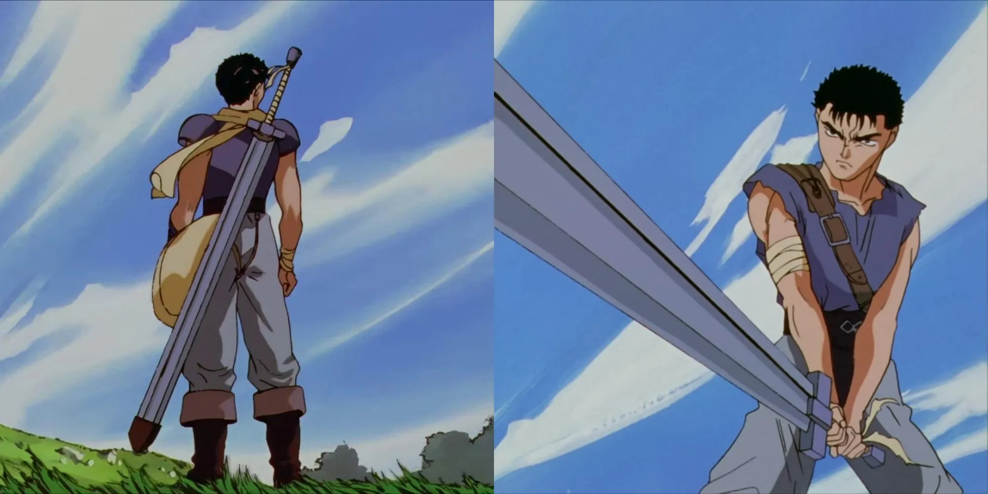 Hình ảnh Guts trong anime Berserk (1997) vung thanh đại kiếm Dragonslayer