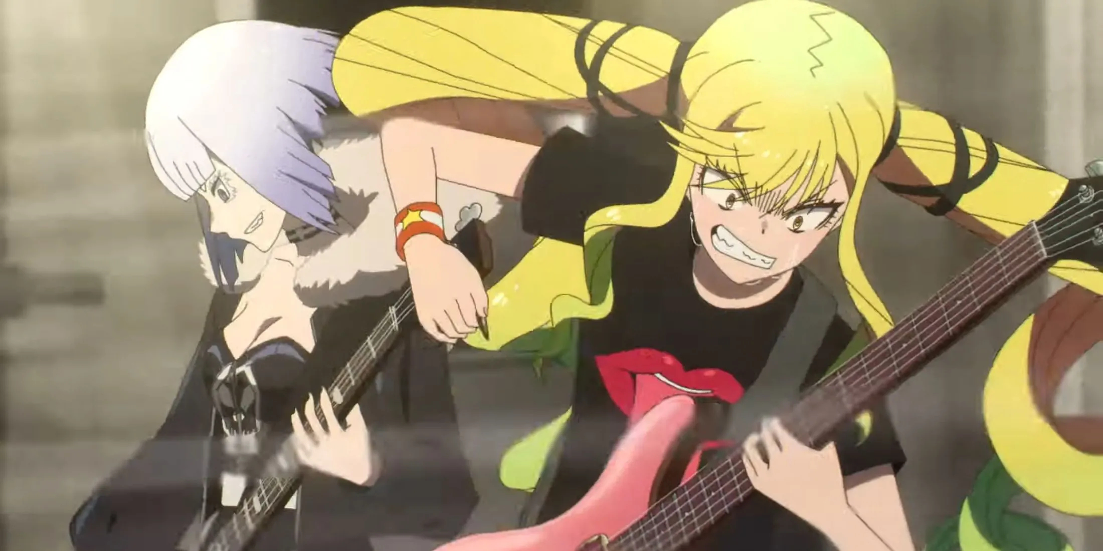 Hình ảnh quảng bá cho anime Rock Is A Lady's Modesty, tập trung vào các nhân vật nữ chính trong ban nhạc.