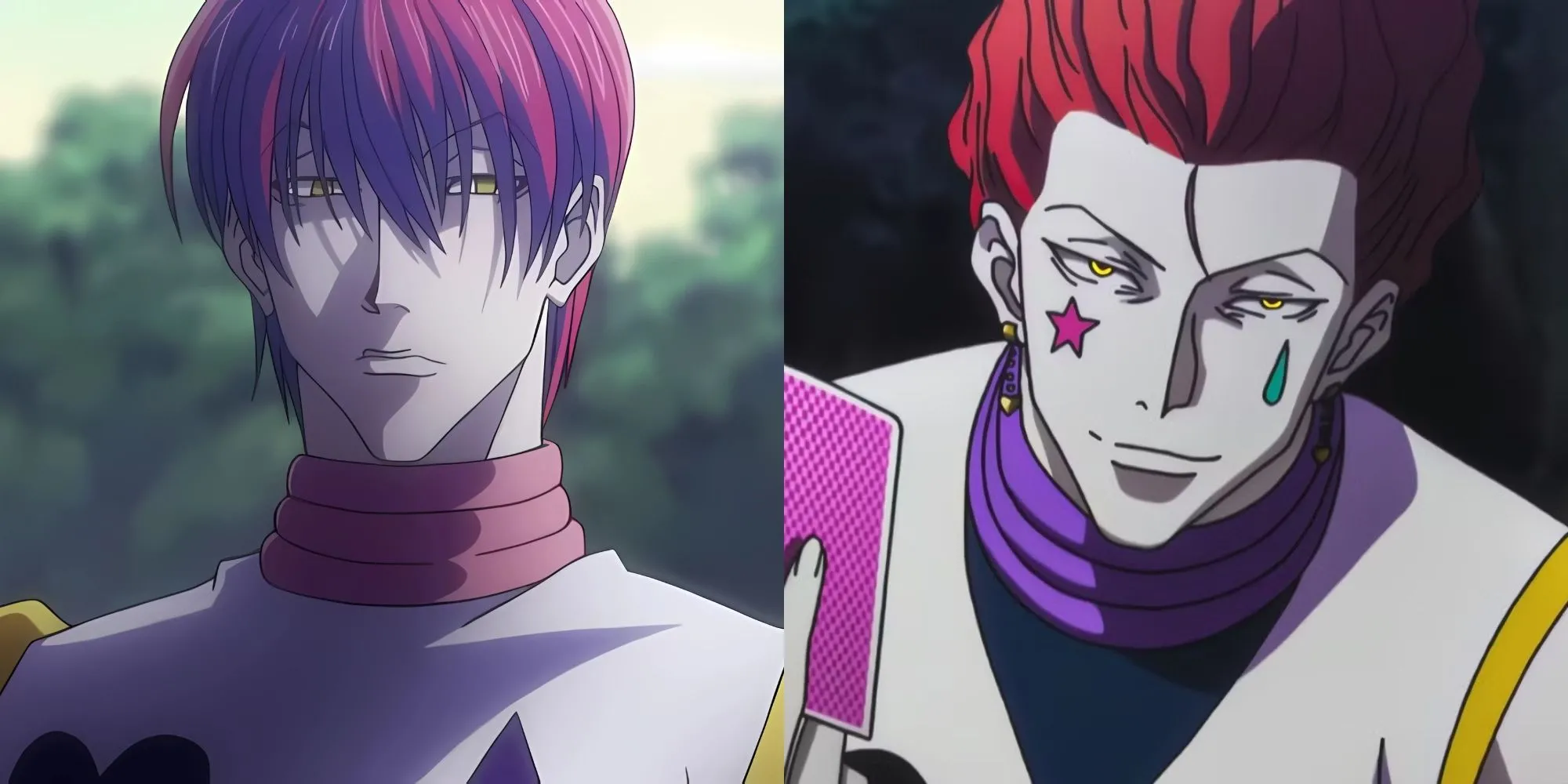 Hisoka Morow trong Hunter x Hunter với nụ cười đáng sợ và lá bài
