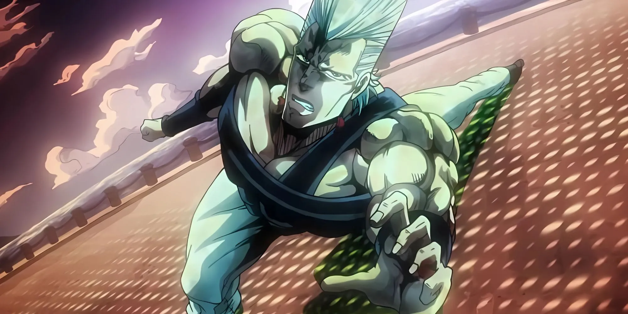 Jean-Pierre Polnareff nghiêng người về phía trước một cách đáng kinh ngạc trong một tư thế kịch tính
