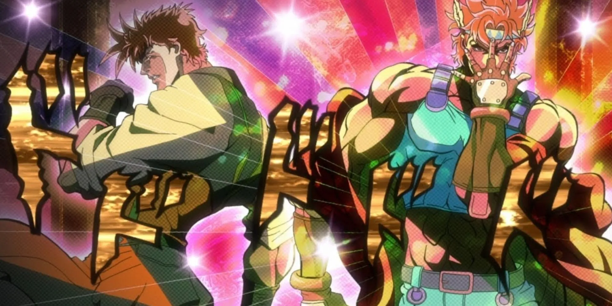 Joseph Joestar và Caesar Zeppeli đứng tựa lưng vào nhau, thể hiện mối quan hệ phức tạp trong Battle Tendency