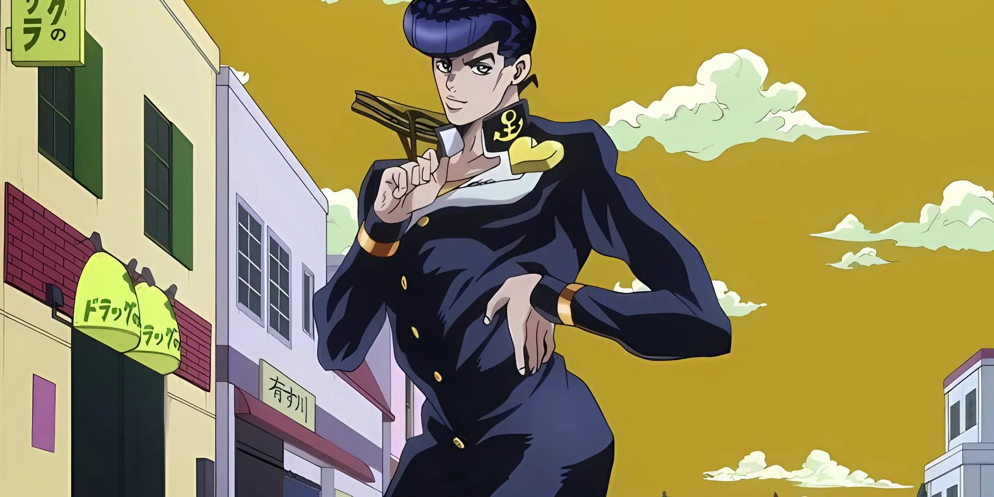 Josuke Higashikata tạo dáng với hông đẩy sang một bên và tay đặt ở thắt lưng, khoe bờm tóc đặc trưng