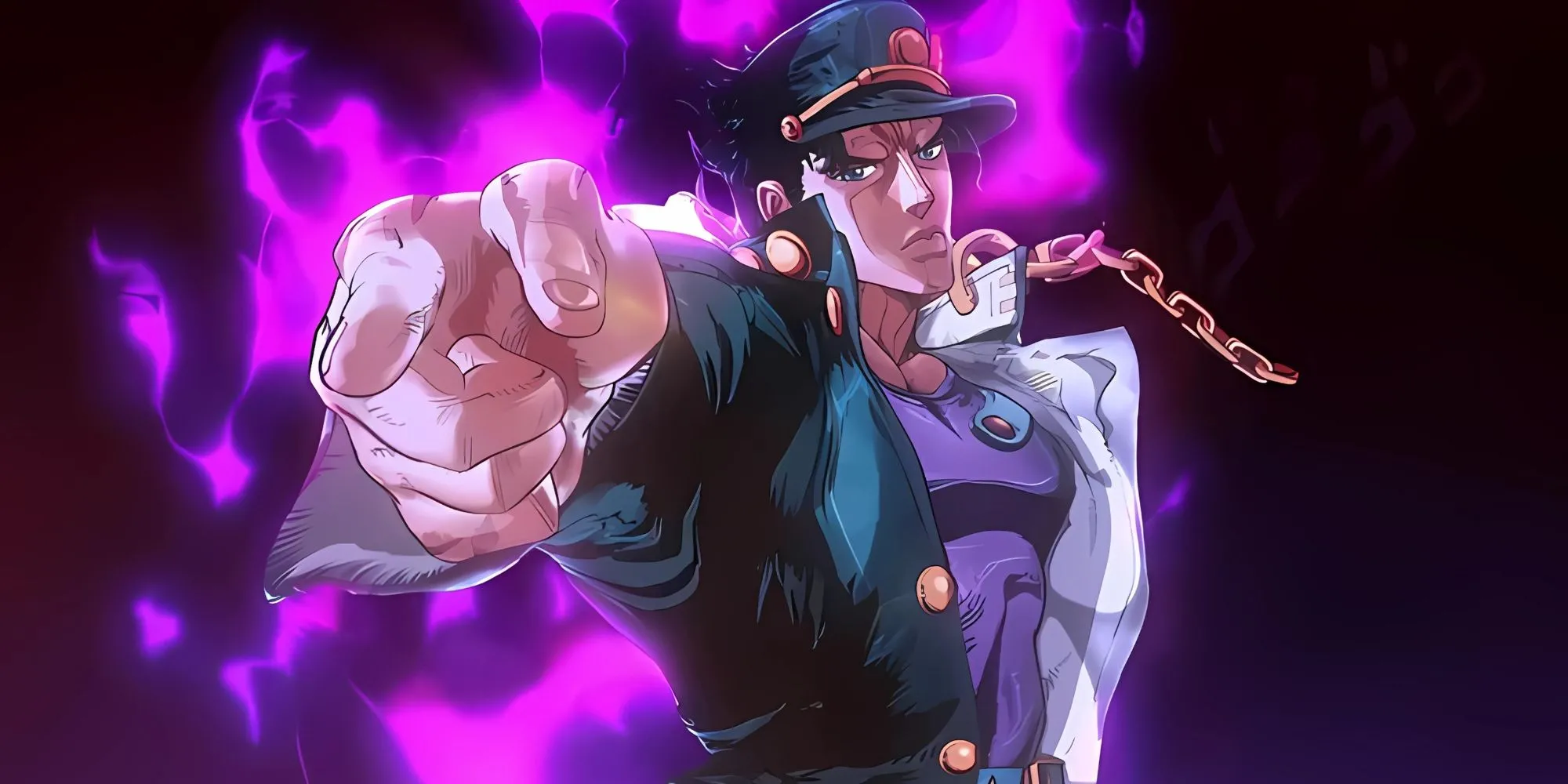 Jotaro Kujo chỉ ngón tay trỏ về phía trước trong tư thế biểu tượng của mình