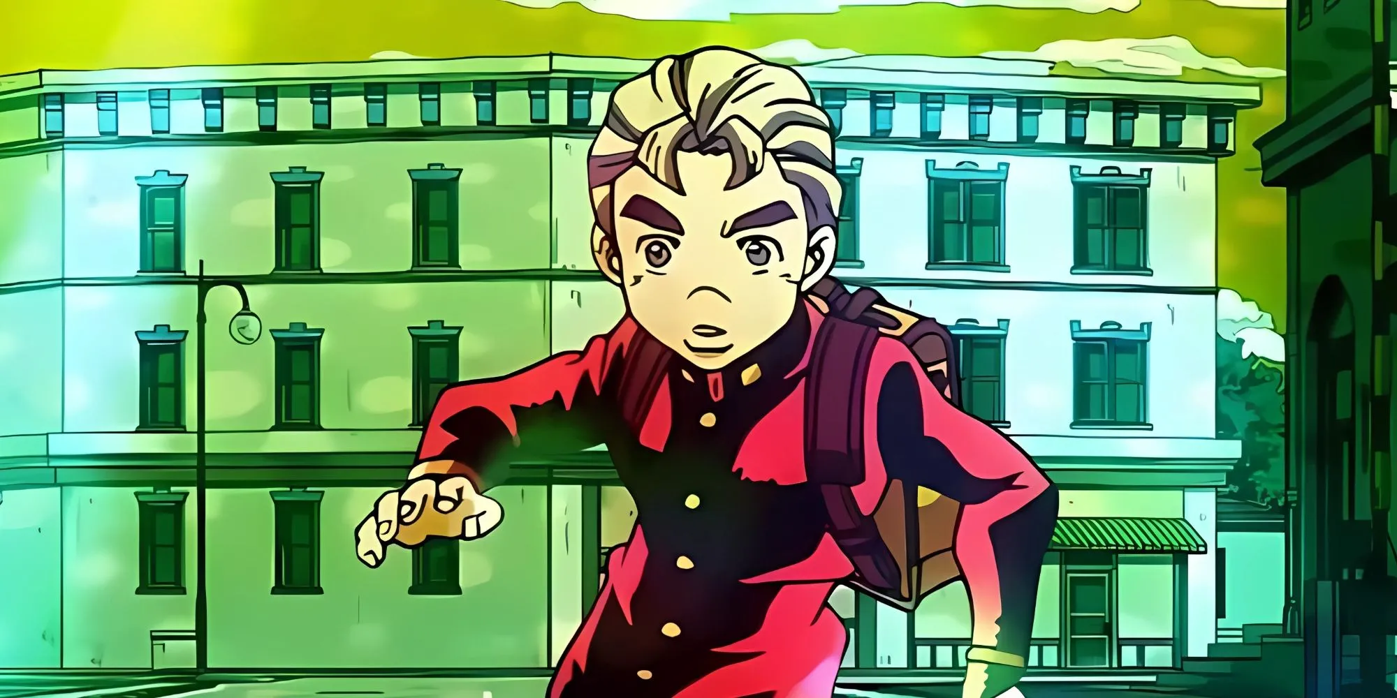 Koichi Hirose ngồi xổm với tư thế tay như cánh điều chỉnh, trong bối cảnh Diamond is Unbreakable