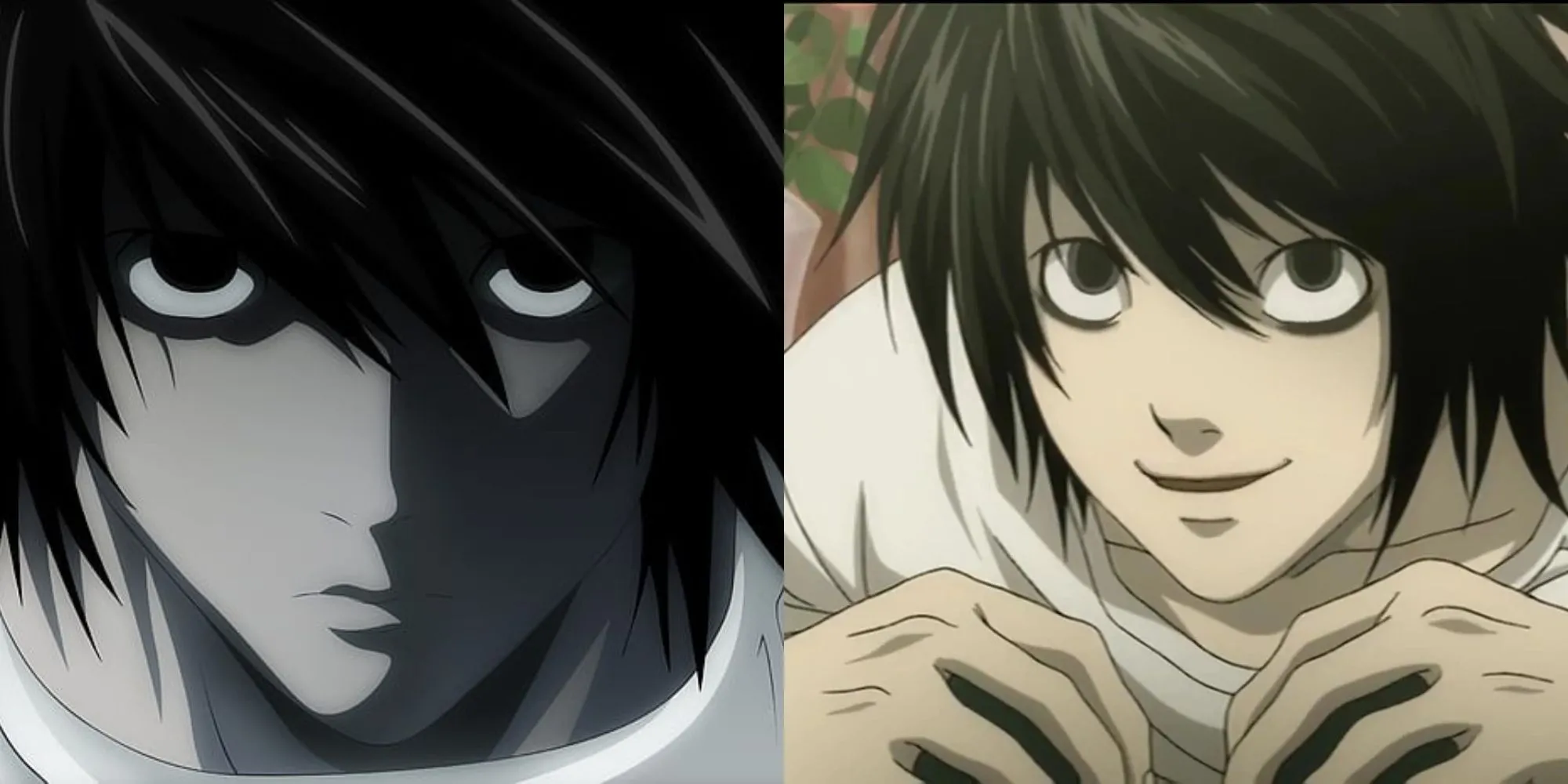 L trong tư thế ngồi đặc trưng, đang suy luận về vụ án Kira trong Death Note