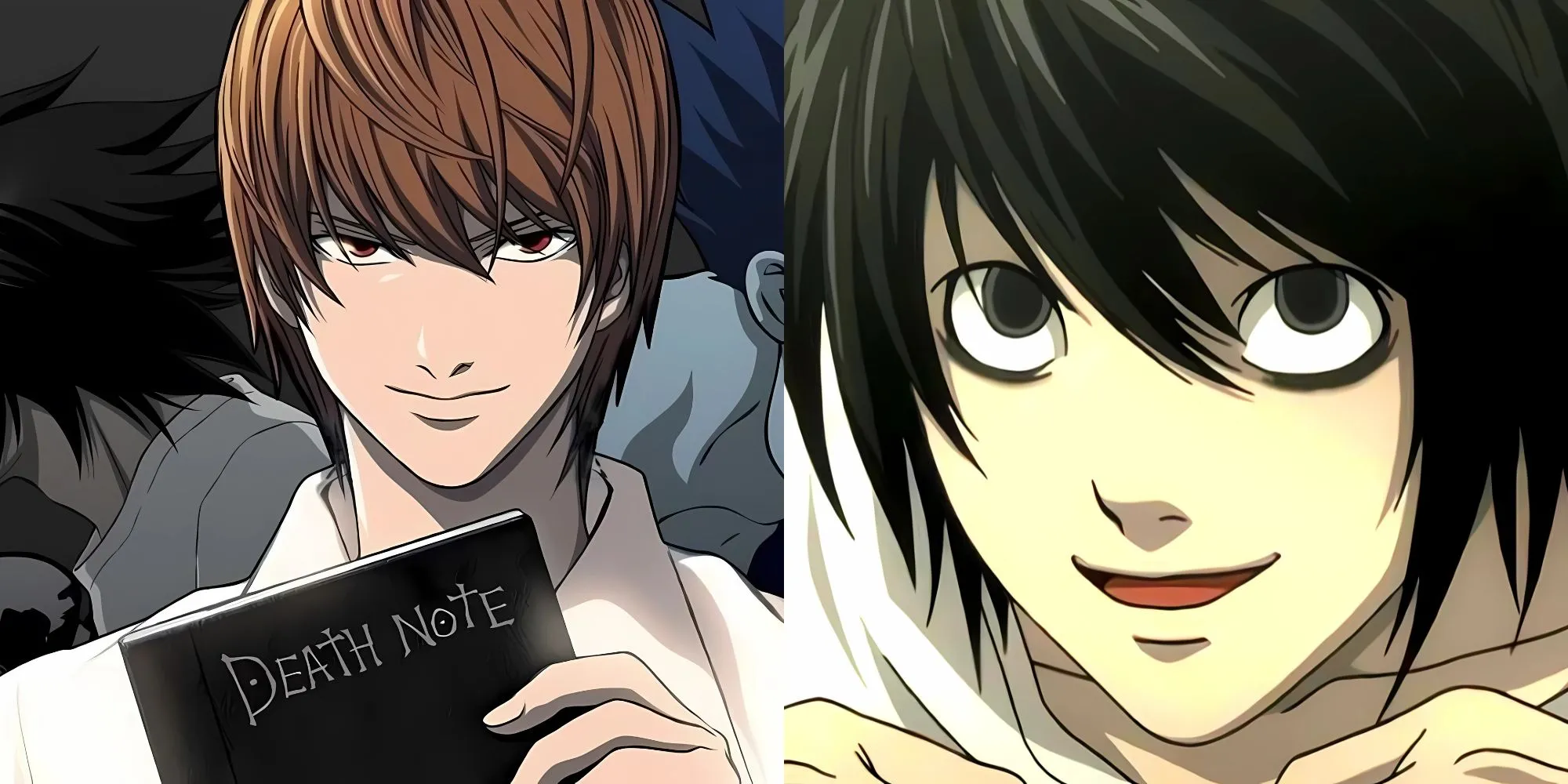 Light Yagami cầm cuốn sổ Death Note với thần chết Ryuk đứng phía sau, biểu tượng của sự thao túng và công lý méo mó.