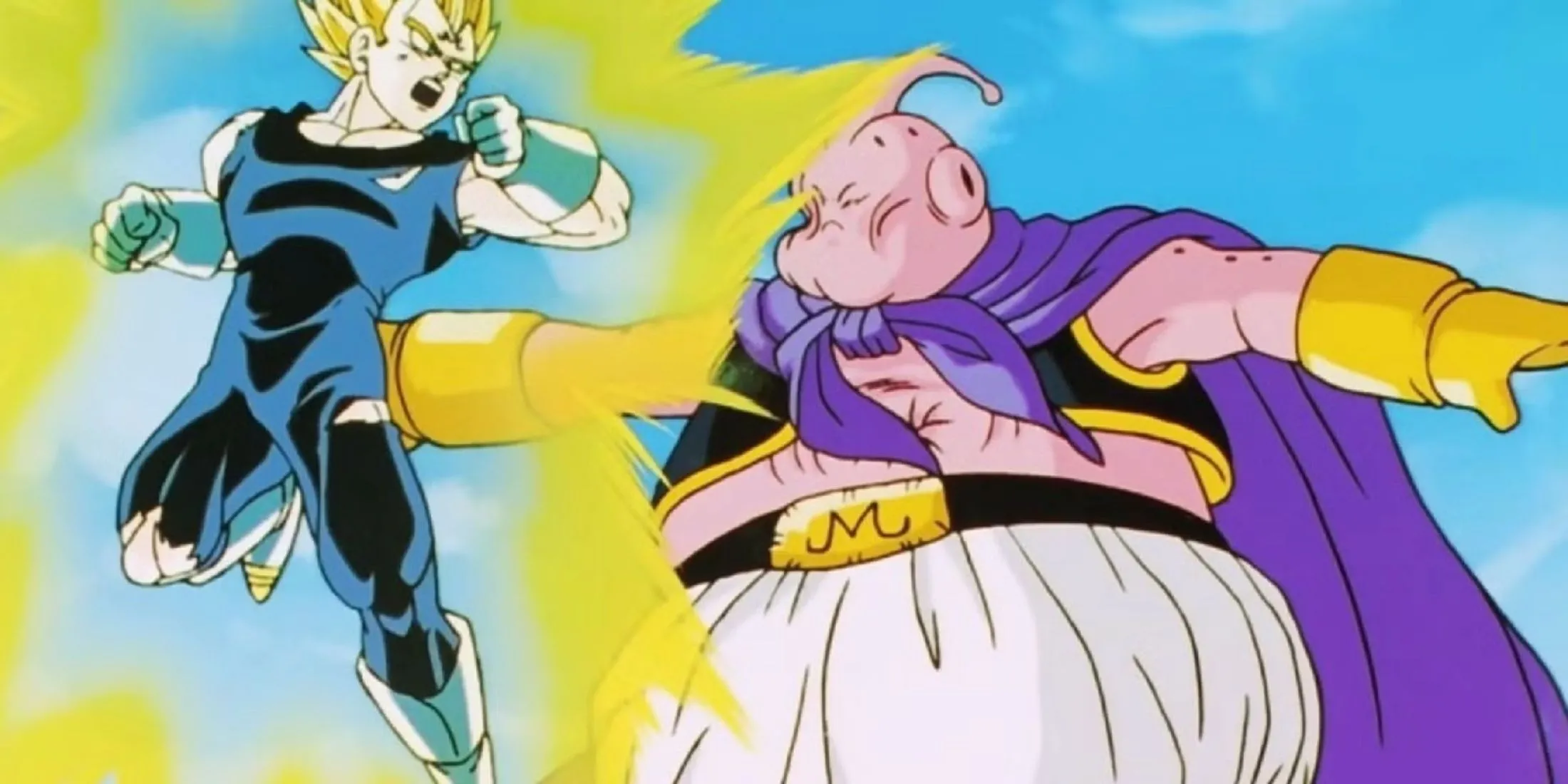 Majin Vegeta với dấu ấn trên trán, chuẩn bị chiến đấu với Majin Buu sau khi tự giải thoát khỏi sự kiểm soát của Babidi