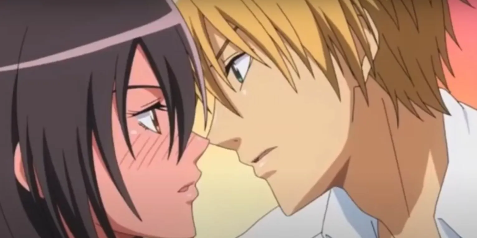 Misaki Ayuzawa và Takumi Usui trong trang phục hầu gái và khách hàng tại quán cafe, từ anime Kaichou wa Maid-sama!.