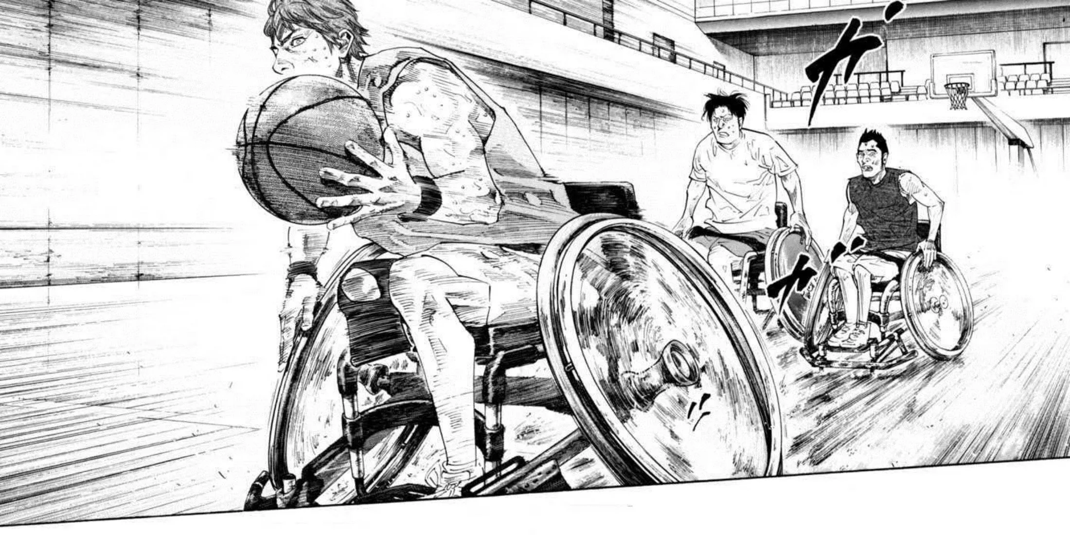 Mô tả: Bìa manga Real thể hiện hình ảnh các nhân vật chính liên quan đến bóng rổ xe lăn, nhấn mạnh chủ đề về thể thao, nghị lực và cuộc sống của người khuyết tật.