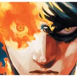 Mô tả: Bìa tập đầu tiên của manga Fire Punch với hình ảnh nhân vật chính Agni đang bốc cháy trong một thế giới băng giá, thể hiện sự đau đớn và sức mạnh tái tạo của anh.