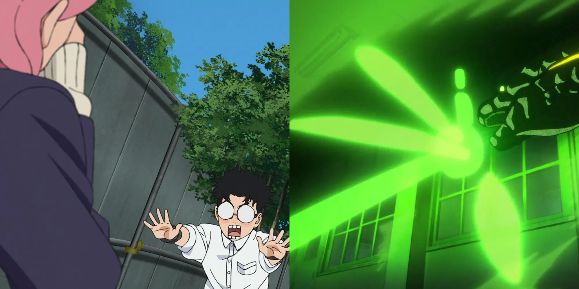 Momo Ayase, Okarun, và Aira Shiratori bị kéo vào chiều không gian trống rỗng bởi người ngoài hành tinh Serpoian trong DanDaDan tập 8
