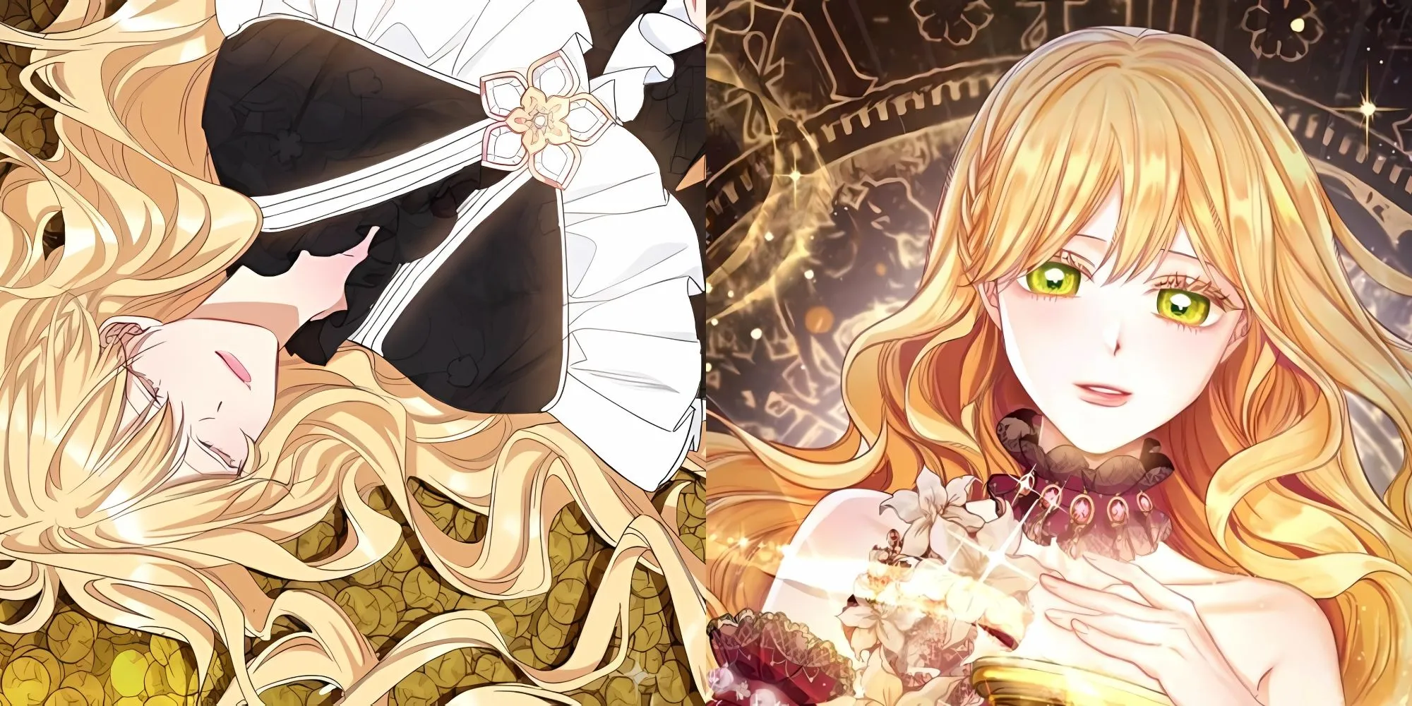 Nữ chính Aria Roscente từ Manhwa The Villainess Turns the Hourglass, nắm giữ chiếc đồng hồ cát quyền năng, sẵn sàng thay đổi vận mệnh.