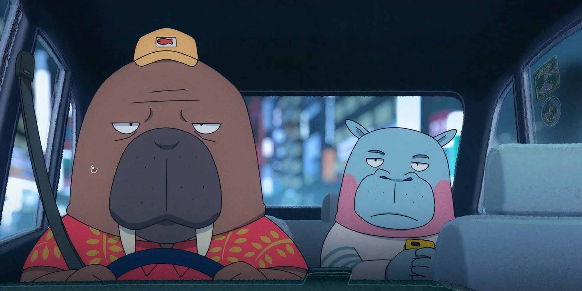 Odokawa, tài xế taxi voi biển, đang nói chuyện với hành khách Taichi Kabasawa trong anime Odd Taxi