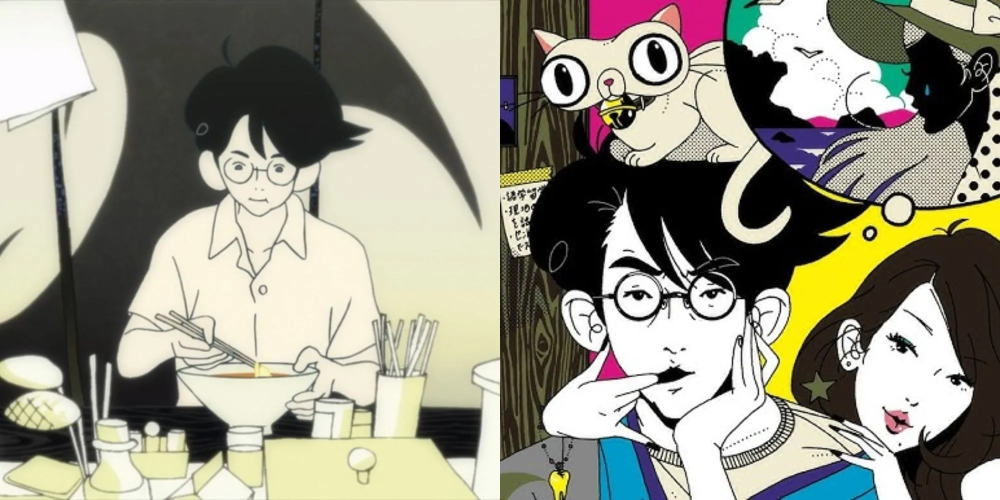 Phong cách đồ họa độc đáo của The Tatami Galaxy, cho thấy nhân vật chính trong nhiều bối cảnh khác nhau