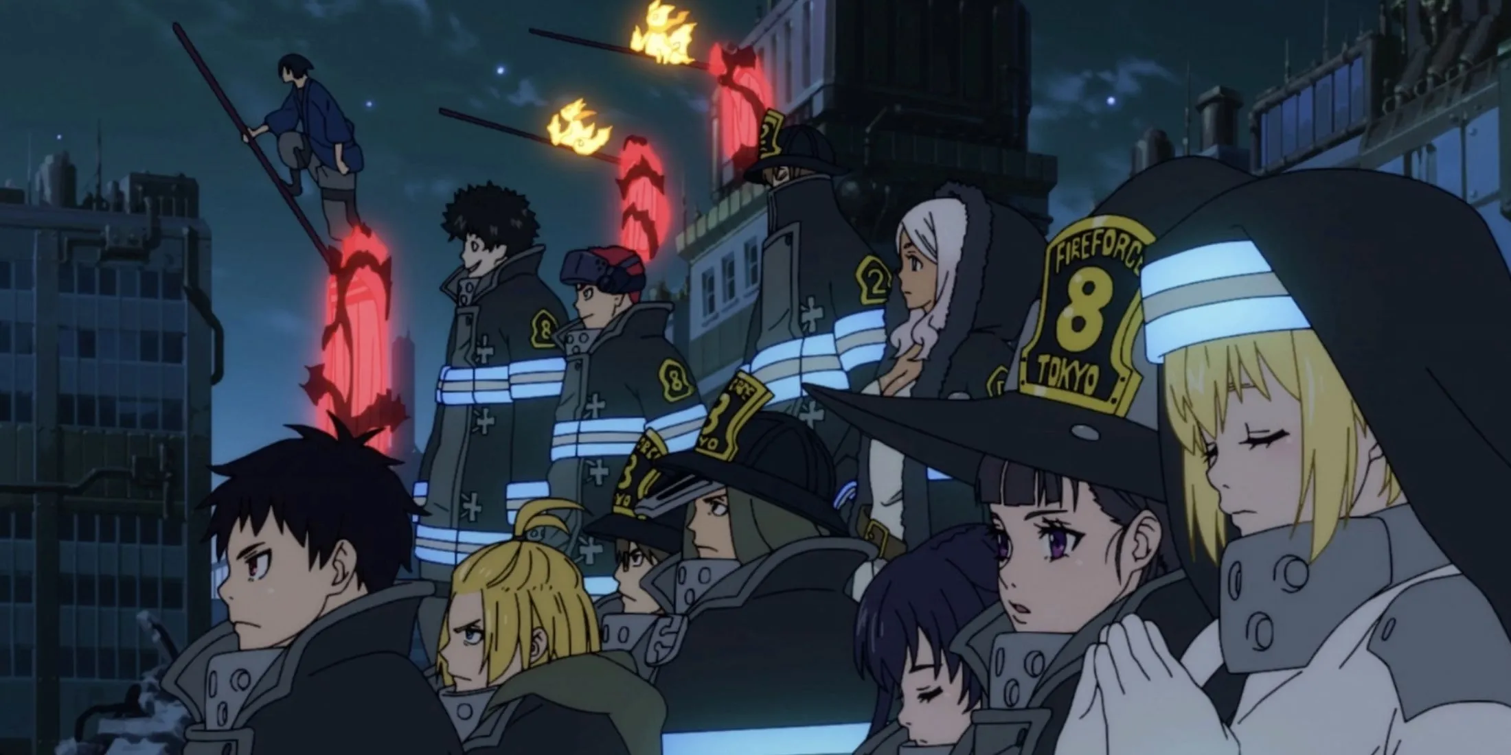 Poster quảng bá cho Fire Force Mùa 3, với nhân vật chính Shinra và các thành viên Đội 8.