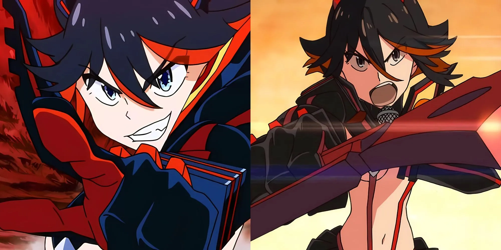 Ryuko Matoi trong trang phục Senketsu, sẵn sàng chiến đấu với lưỡi kéo khổng lồ