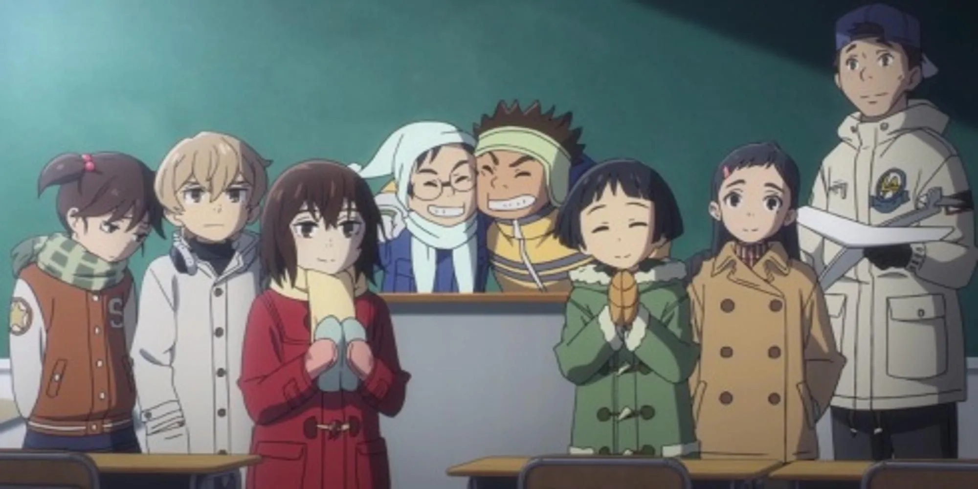 Satoru và Kayo trong bối cảnh tuyết trắng của anime Erased