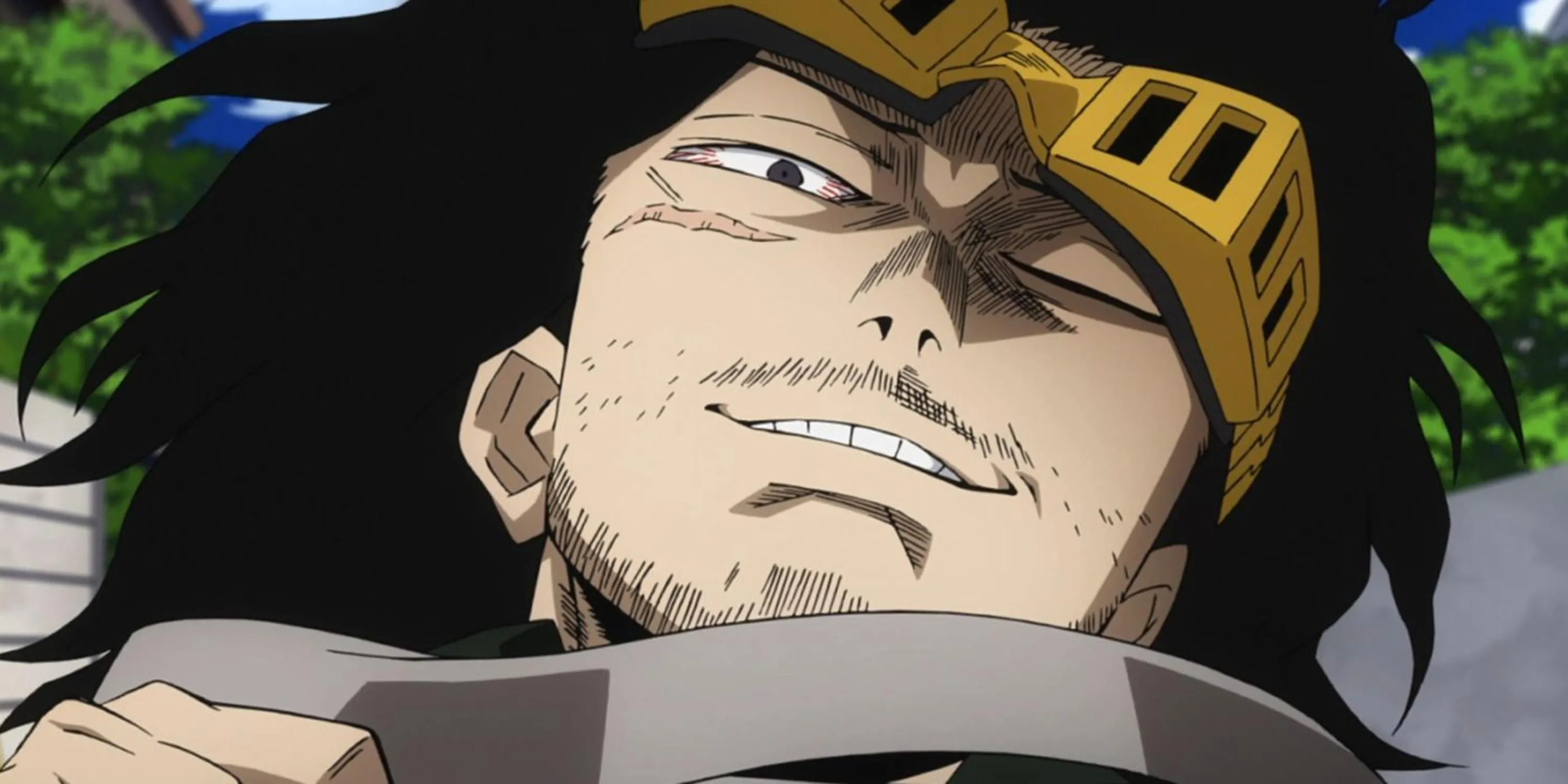 Shota Aizawa (Eraser Head) đang sử dụng Quirk Xóa Bỏ, khiến tóc bay lên trong My Hero Academia