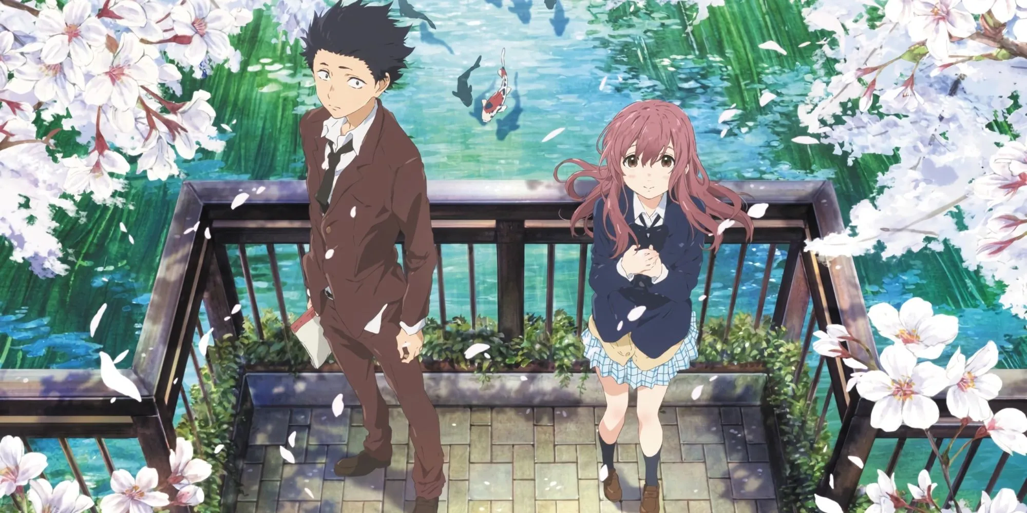 Shoya Ishida và Shoko Nishimiya trong poster phim A Silent Voice, thể hiện sự kết nối sau quá khứ đau buồn.