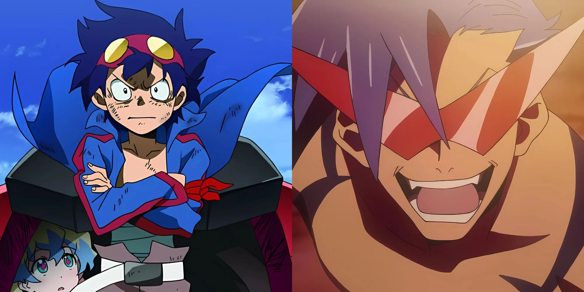 Siêu robot Gurren Lagann với khẩu trang kinh điển và biểu tượng ngọn lửa, đại diện cho tinh thần 'đâm thủng bầu trời'.