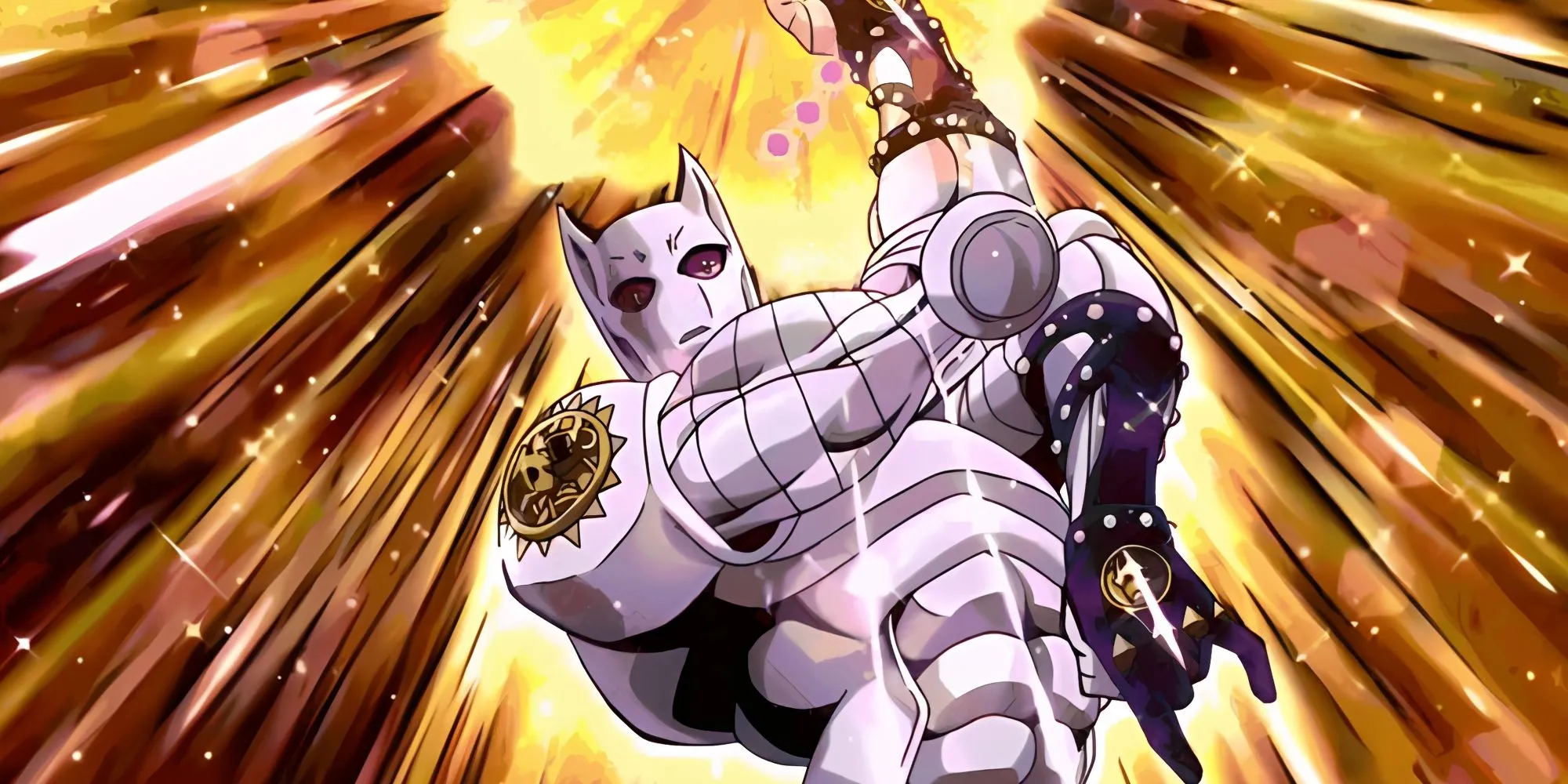 Stand Killer Queen của Yoshikage Kira trong tư thế tấn công đặc trưng với cánh tay tạo góc vuông