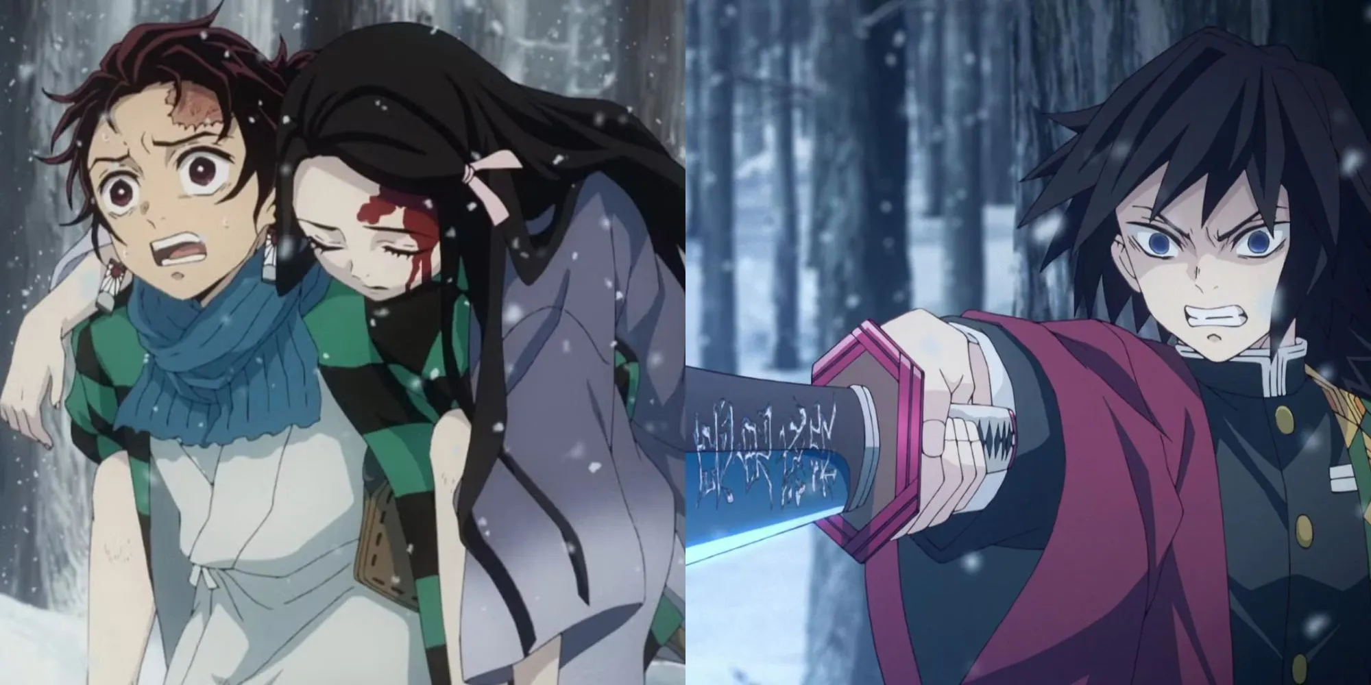 Tanjiro bảo vệ Nezuko trước Giyu Tomioka trong tuyết ở tập đầu Demon Slayer