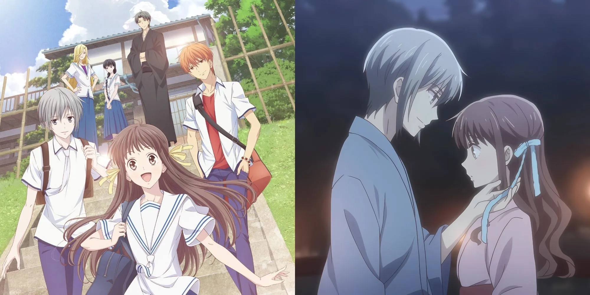 Tohru Honda cùng Kyo và Yuki Sohma trong Fruits Basket (2019), thể hiện mối quan hệ phức tạp và hy vọng giải thoát lời nguyền.