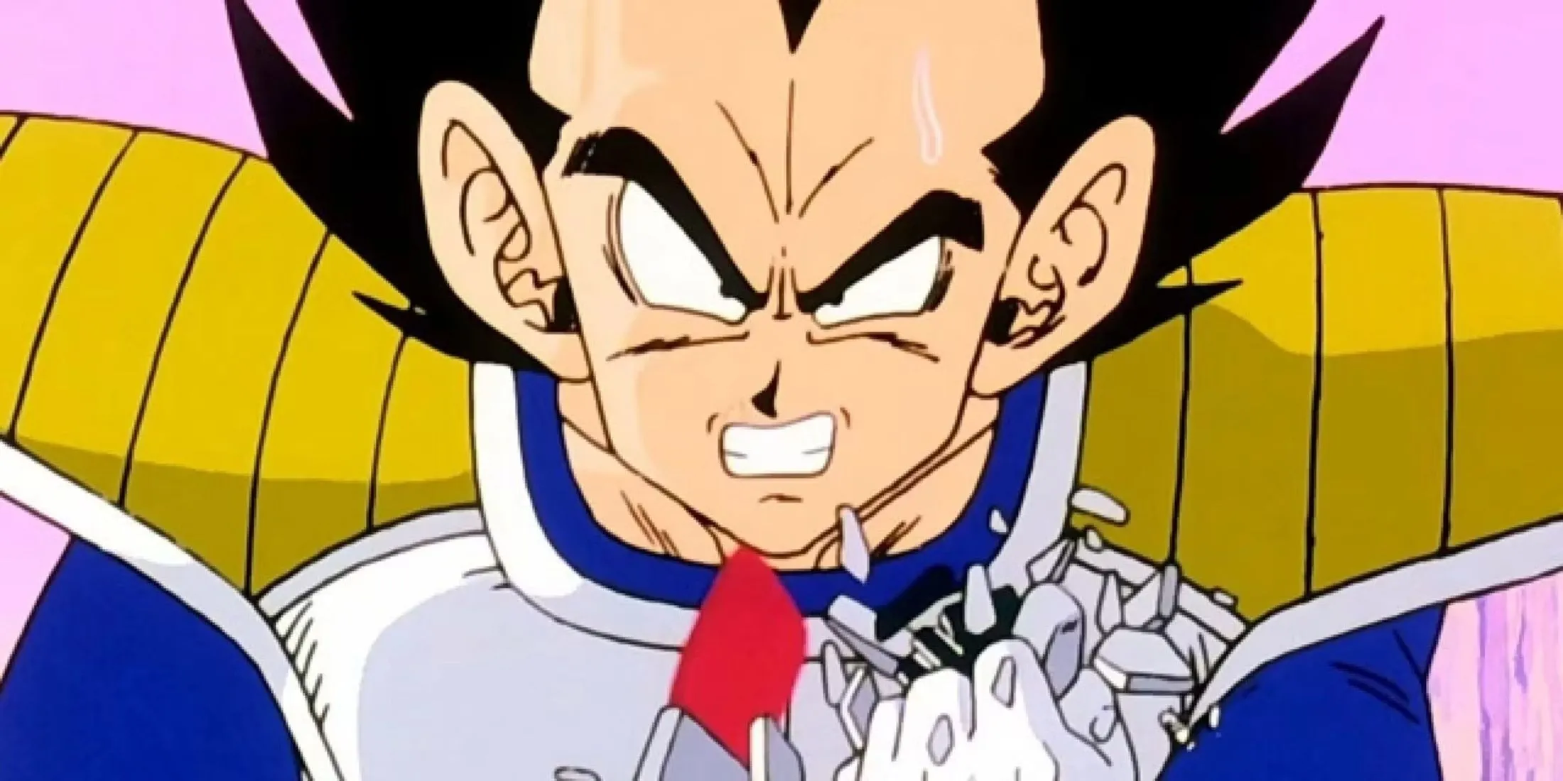 Vegeta đeo máy đo năng lượng scouter ngạc nhiên khi đo sức mạnh của Goku trong Saga Saiyan