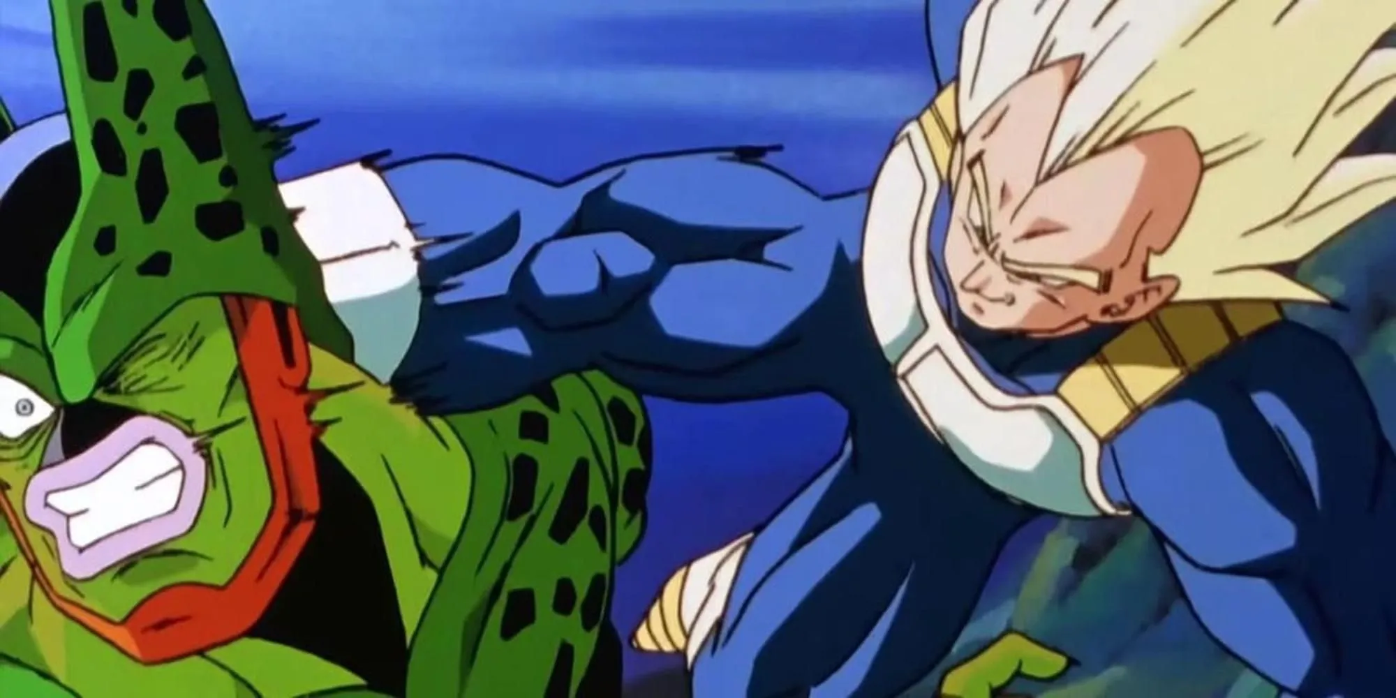 Vegeta tung cú đá vào Cell trong cơn thịnh nộ khi thấy Future Trunks bị thương