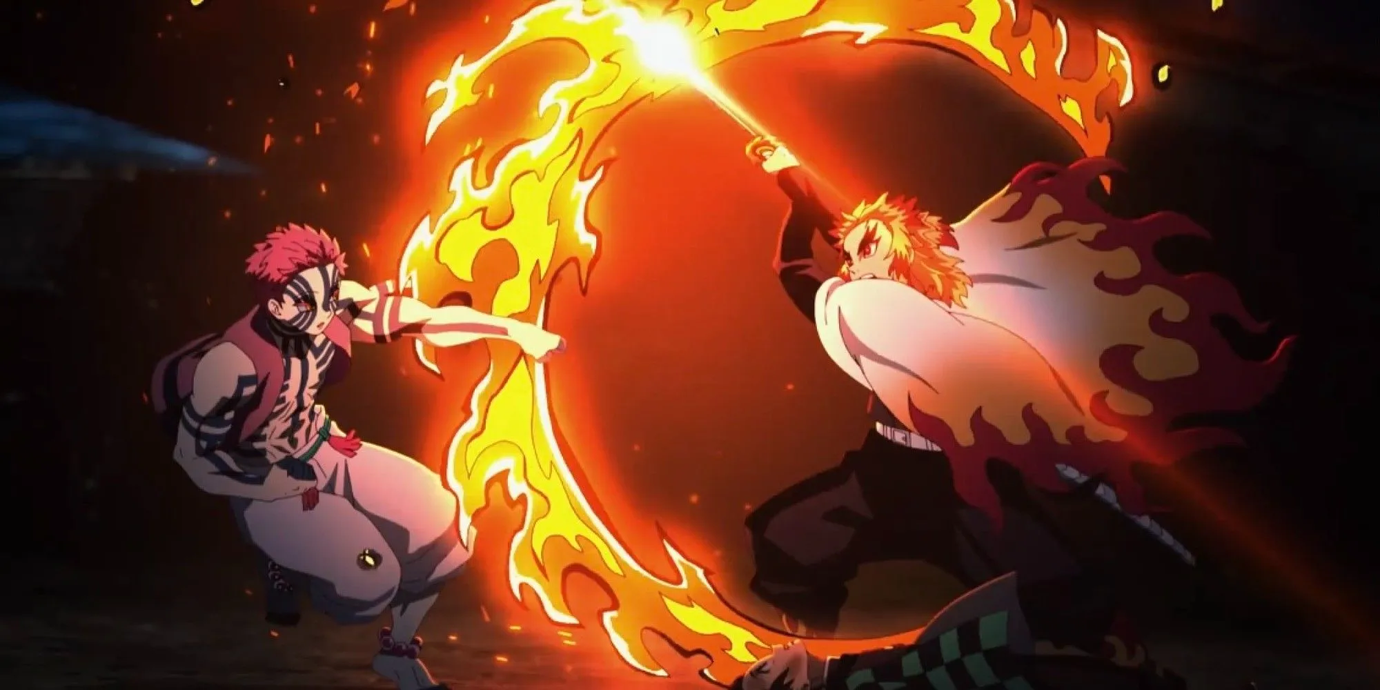 Viêm Trụ Rengoku đối đầu Thượng Huyền Tam Akaza trong Kimetsu no Yaiba