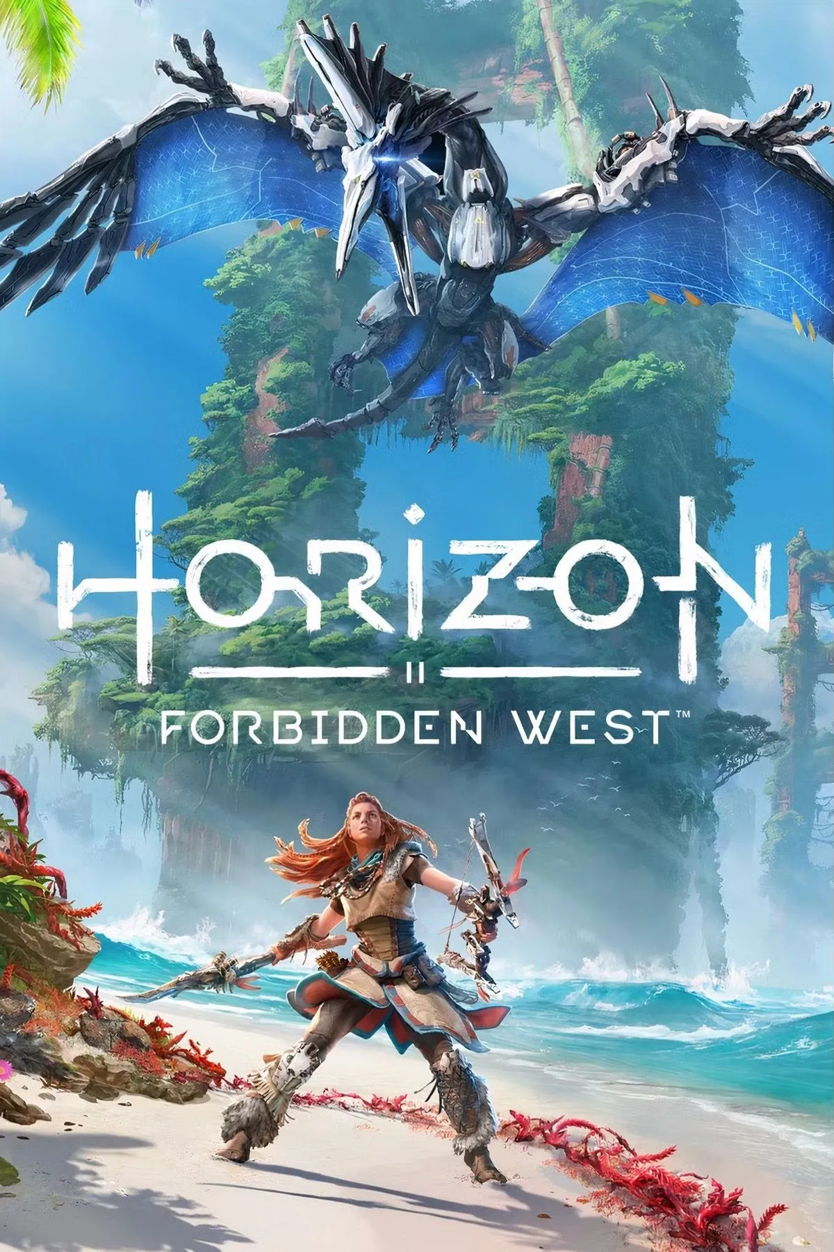 Bìa đĩa game Horizon Forbidden West với Aloy sẵn sàng đối mặt với những cỗ máy khổng lồ.