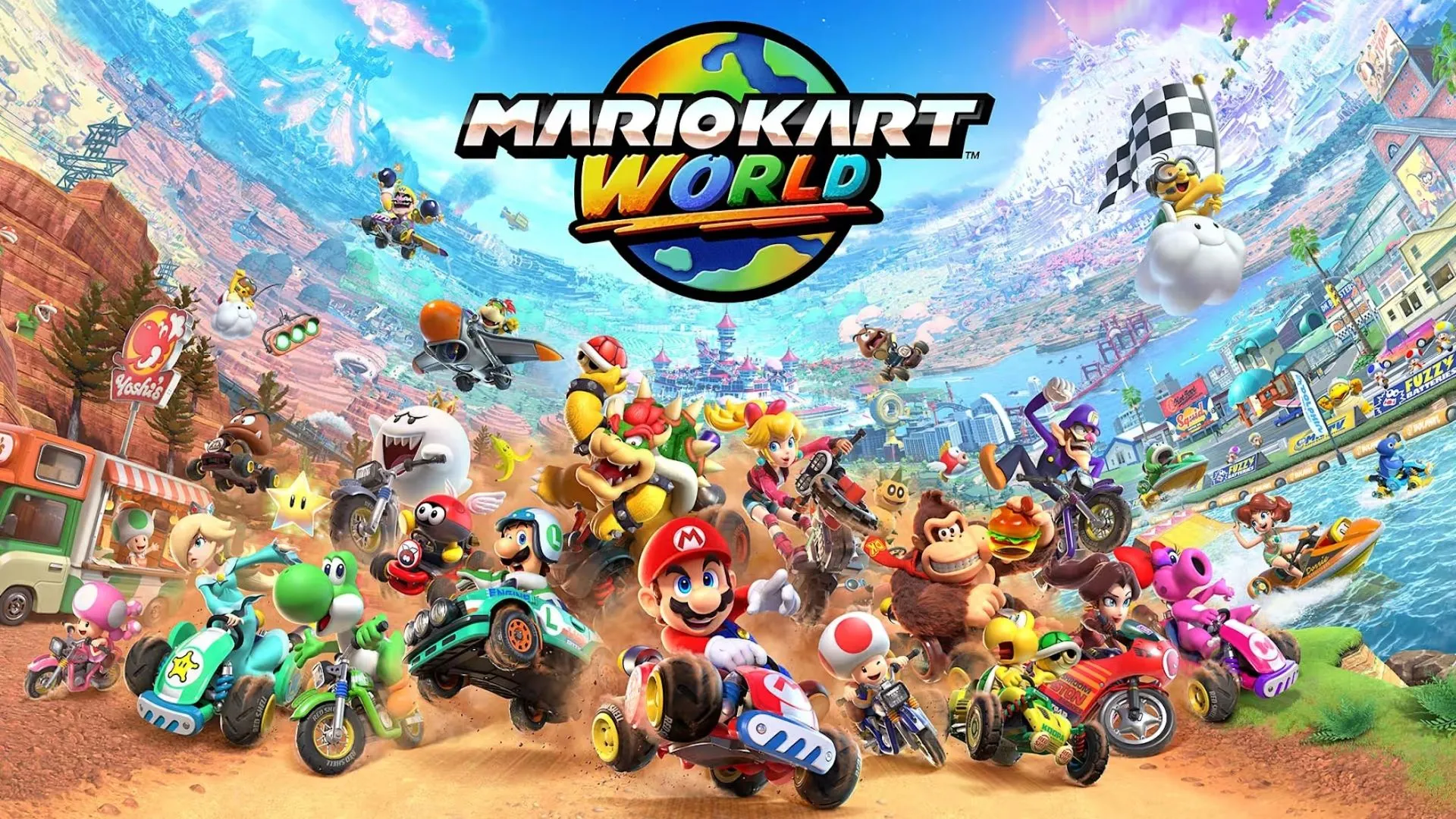 Mario và Luigi cùng đua trên đường đua đầy màu sắc của Mario Kart World, minh họa gameplay tốc độ
