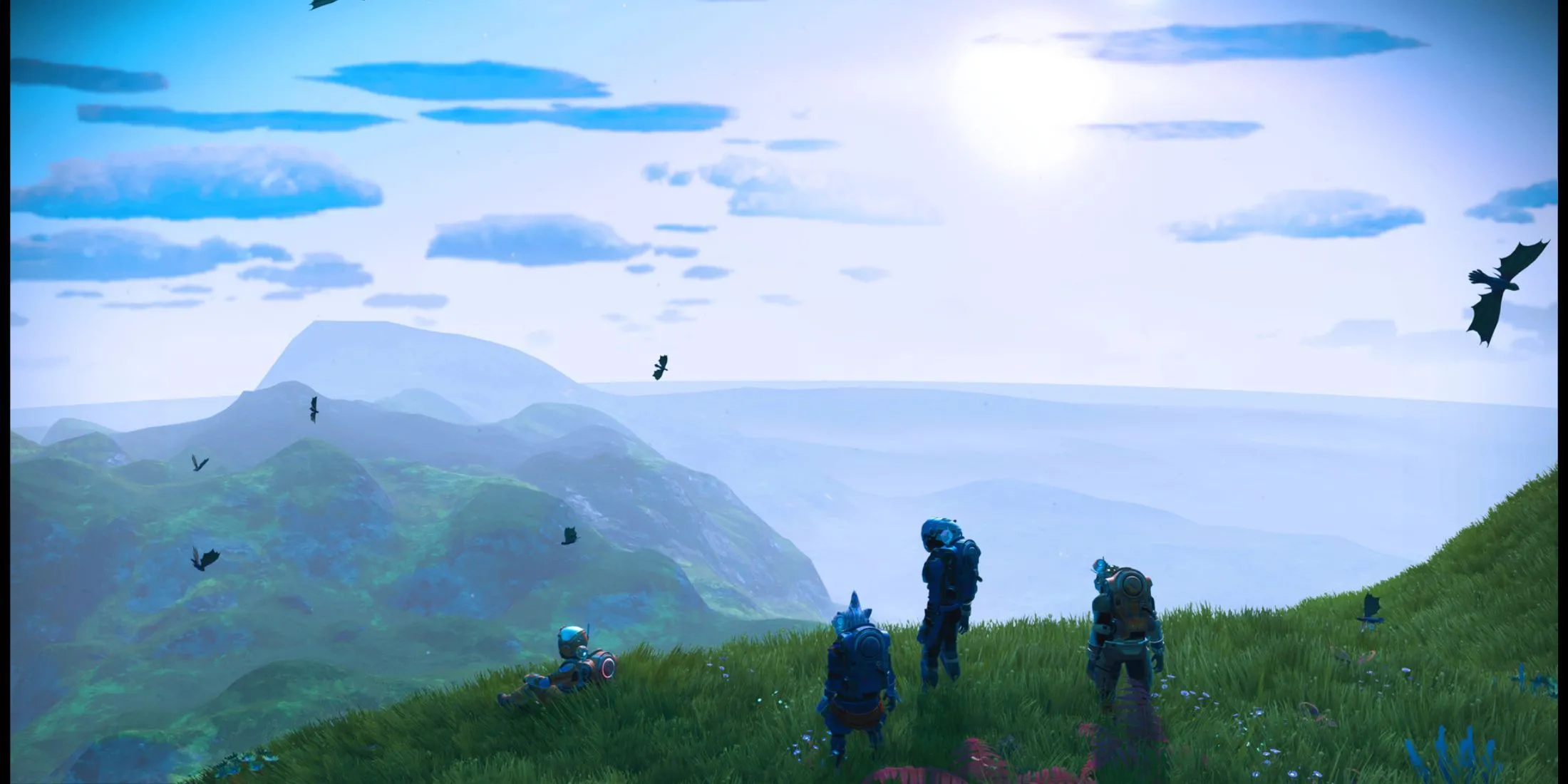 Một nhóm game thủ No Man's Sky cùng nhau khám phá đỉnh núi trên hành tinh lạ