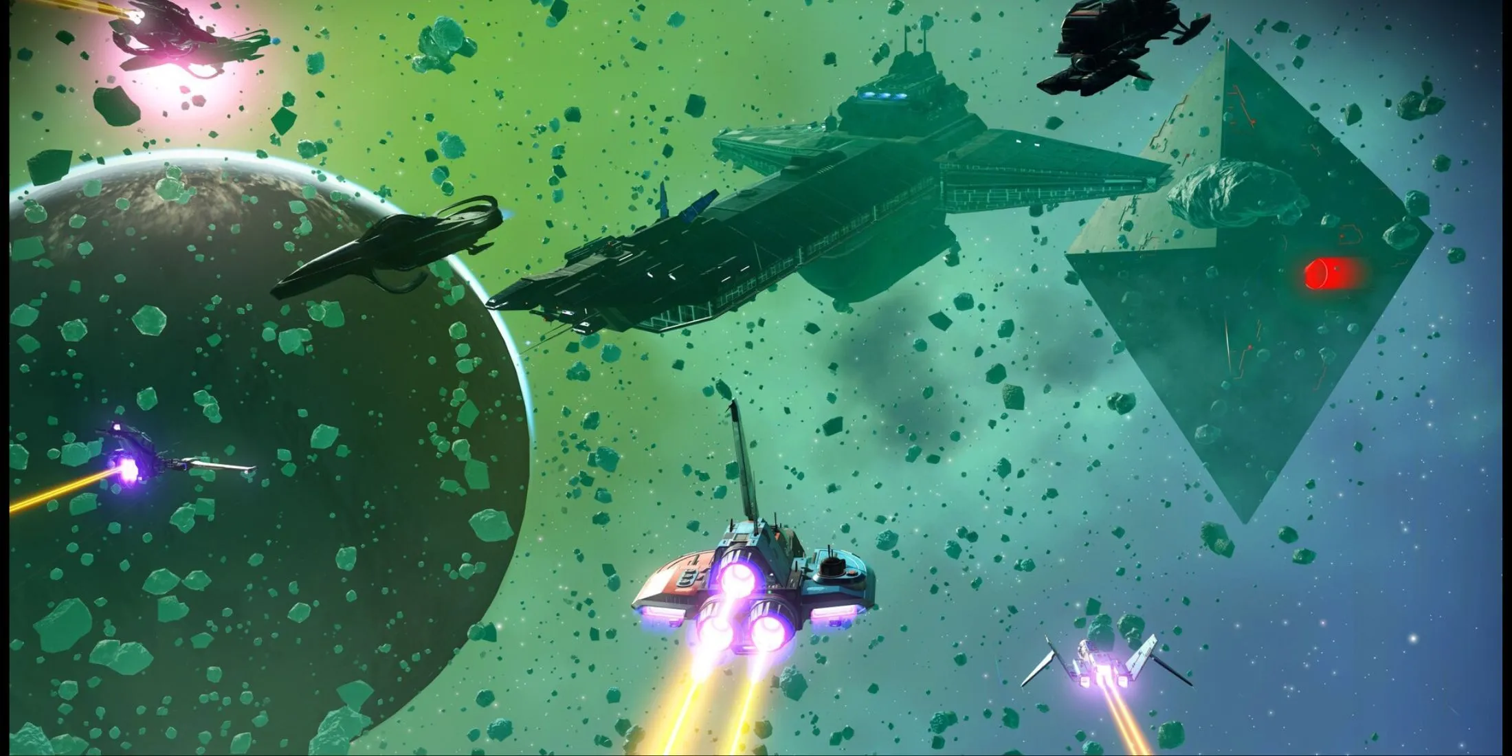 Tàu khu trục hạm khổng lồ của game thủ No Man's Sky di chuyển trong không gian vũ trụ