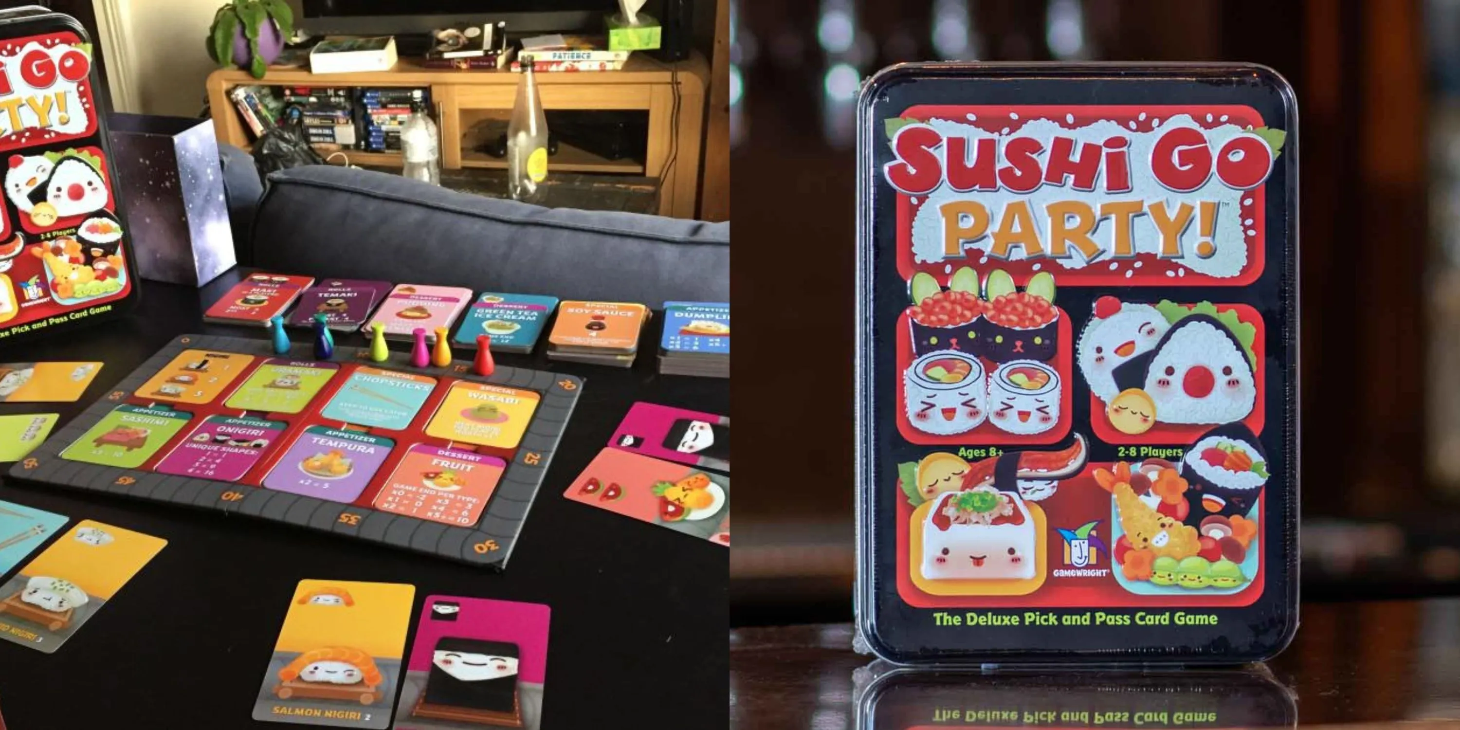 Ảnh chụp cận cảnh các lá bài sushi đầy màu sắc trong Sushi Go! Party, board game nhanh gọn