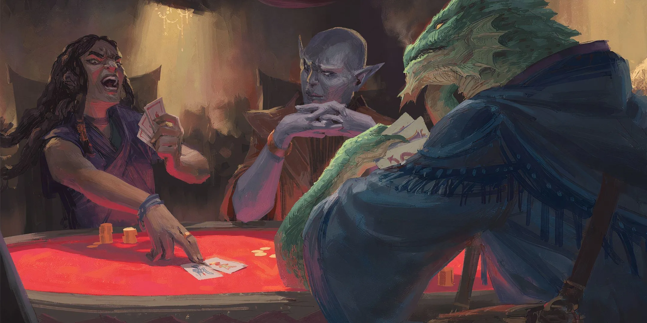 Ba người chơi đang chơi một trò chơi bài trong Dungeons &amp; Dragons, minh họa một hoạt động tại bàn chơi có thể trở nên nhanh hơn với cách lăn xúc xắc hiệu quả.