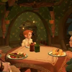 Ba nhân vật Hobbit và người lùn đang cùng nhau chia sẻ bữa ăn ấm cúng trên bàn, thể hiện sự gắn kết tình bạn trong Tales Of The Shire.