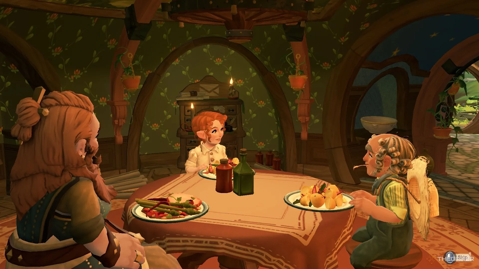 Ba nhân vật Hobbit và người lùn đang cùng nhau chia sẻ bữa ăn ấm cúng trên bàn, thể hiện sự gắn kết tình bạn trong Tales Of The Shire.